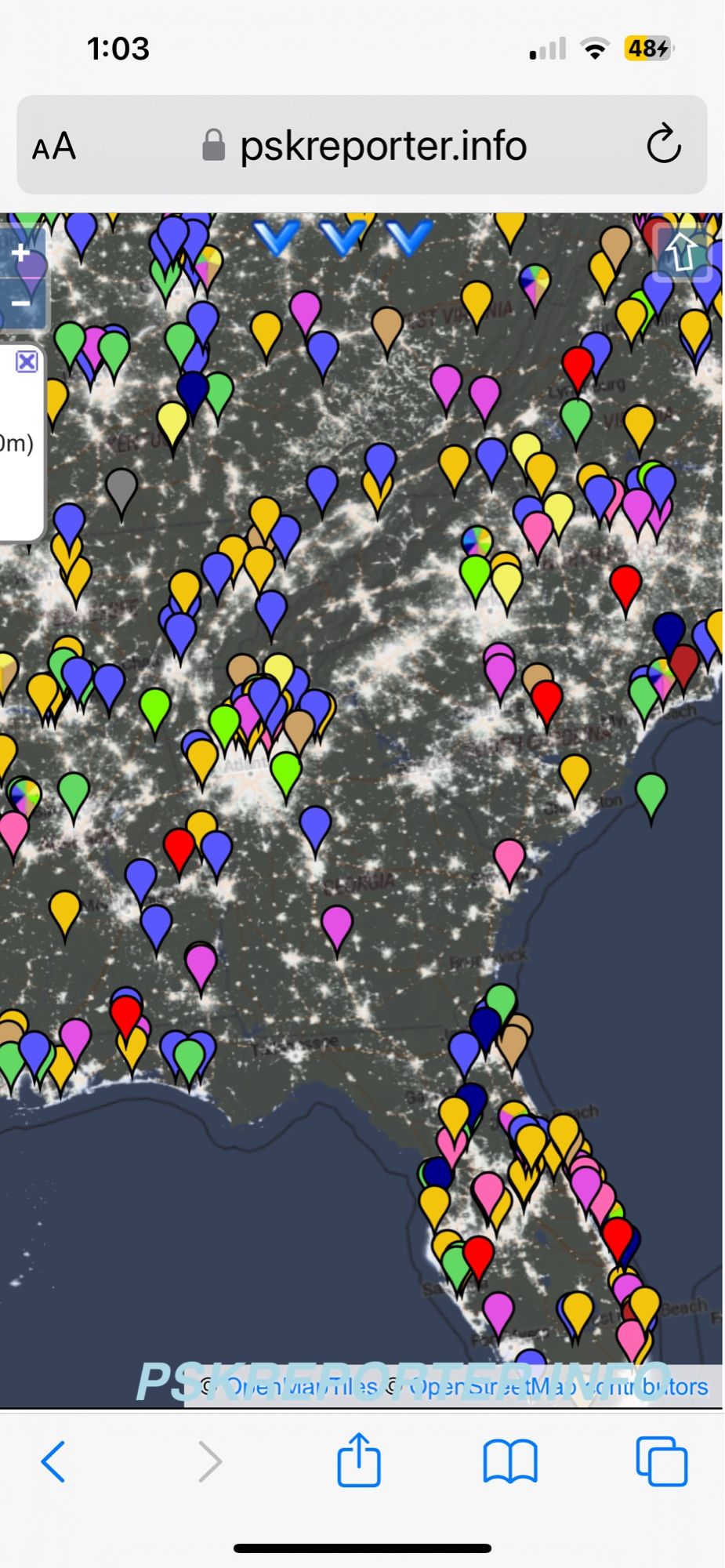 Map showing colored pins on a map of the south eastern United States. A empty spot starting by the Florida pan handle goes north.