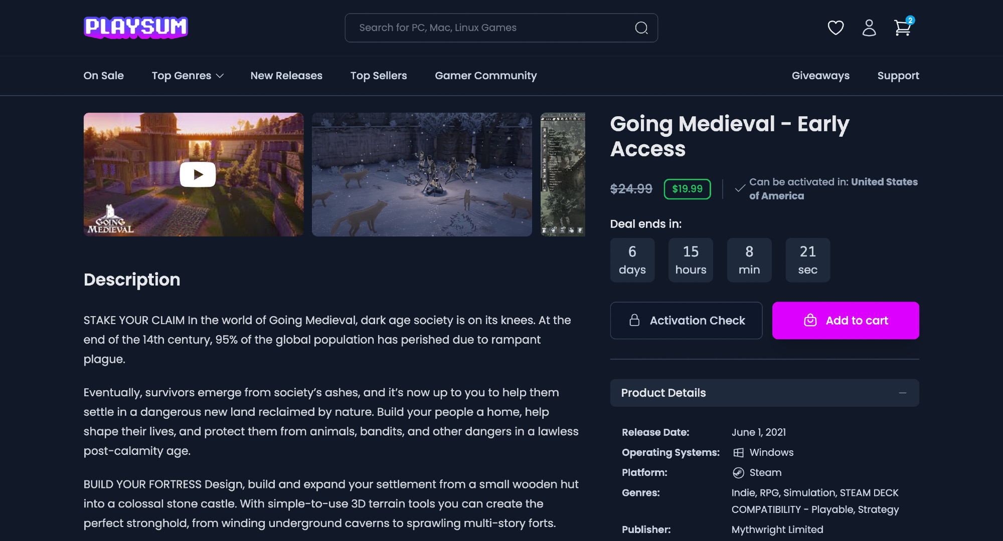 Playsum Games Store product page for 'Going Medieval - Early Access.' The product page shows the game's description and to the right you can see the game's title, price (it's on sale for $19.99, discounted from $24.99, with a countdown timer indicating that the sale is ending in 6 days), an "add to cart" button, and the product details sidebar which  displays the game's release, operating systems, platform, genres, and publisher. 