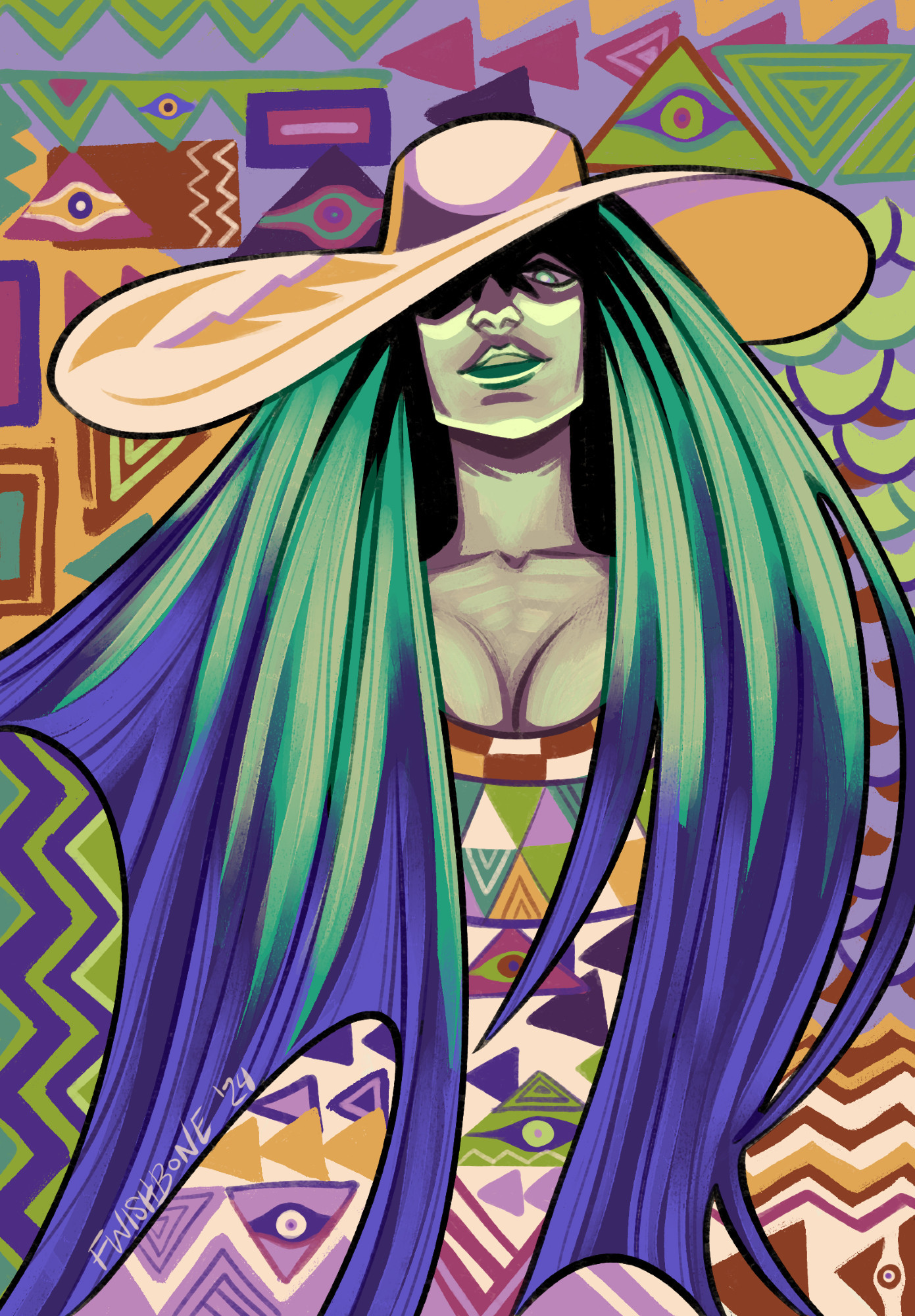 digital art of a woman with pale skin and long green hair that turns purple at the tips. she wears a large white sun hat that covers her right eye in shadow. she is surrounded by various geometric patterns in the style of a gustav klimt painting, in a purple-orange-green color scheme.