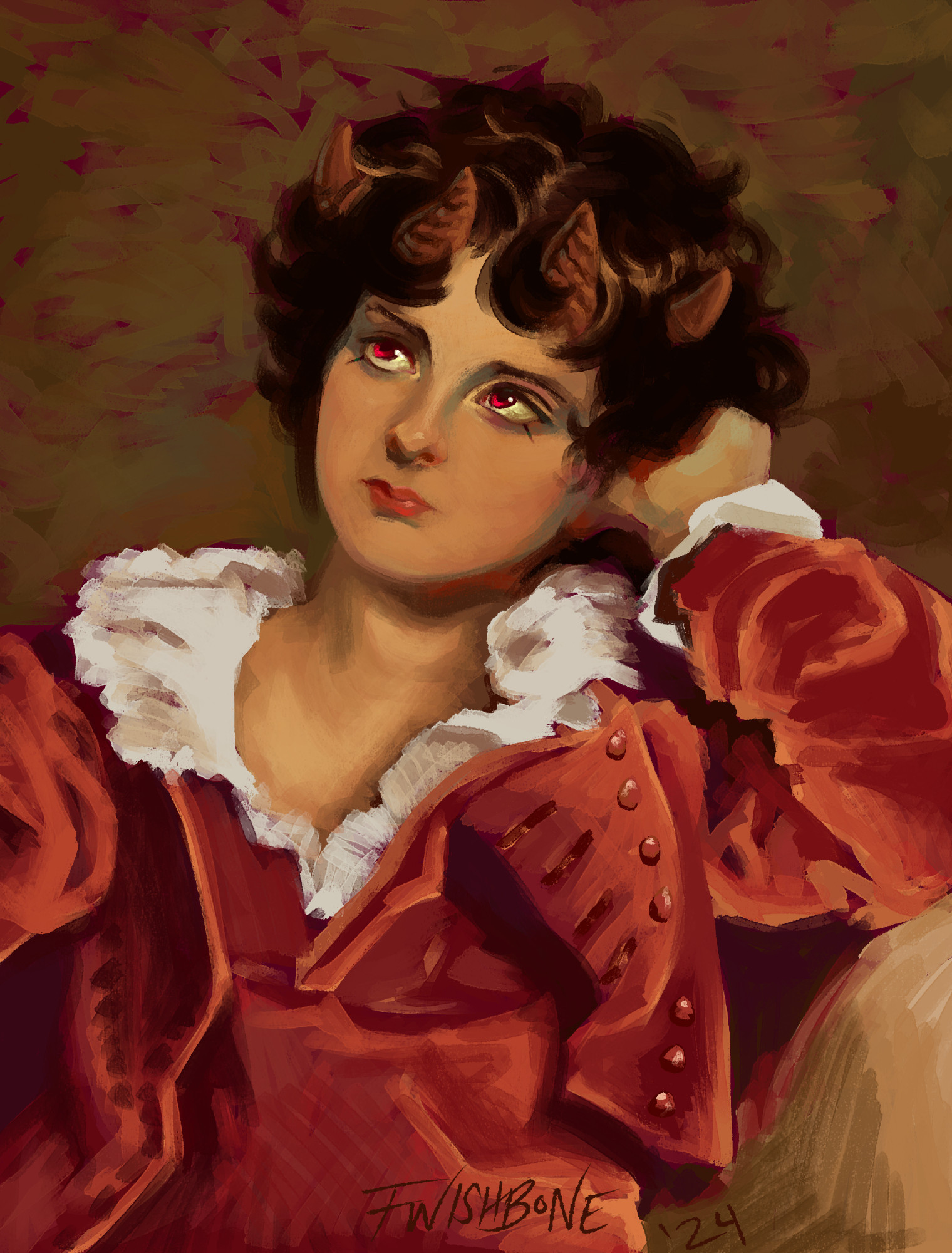 painted digital portrait of a young orange tiefling boy leaning his face against his hand and looking up lost in thought. He wears a red velvet suit with a frilly white lace collar.