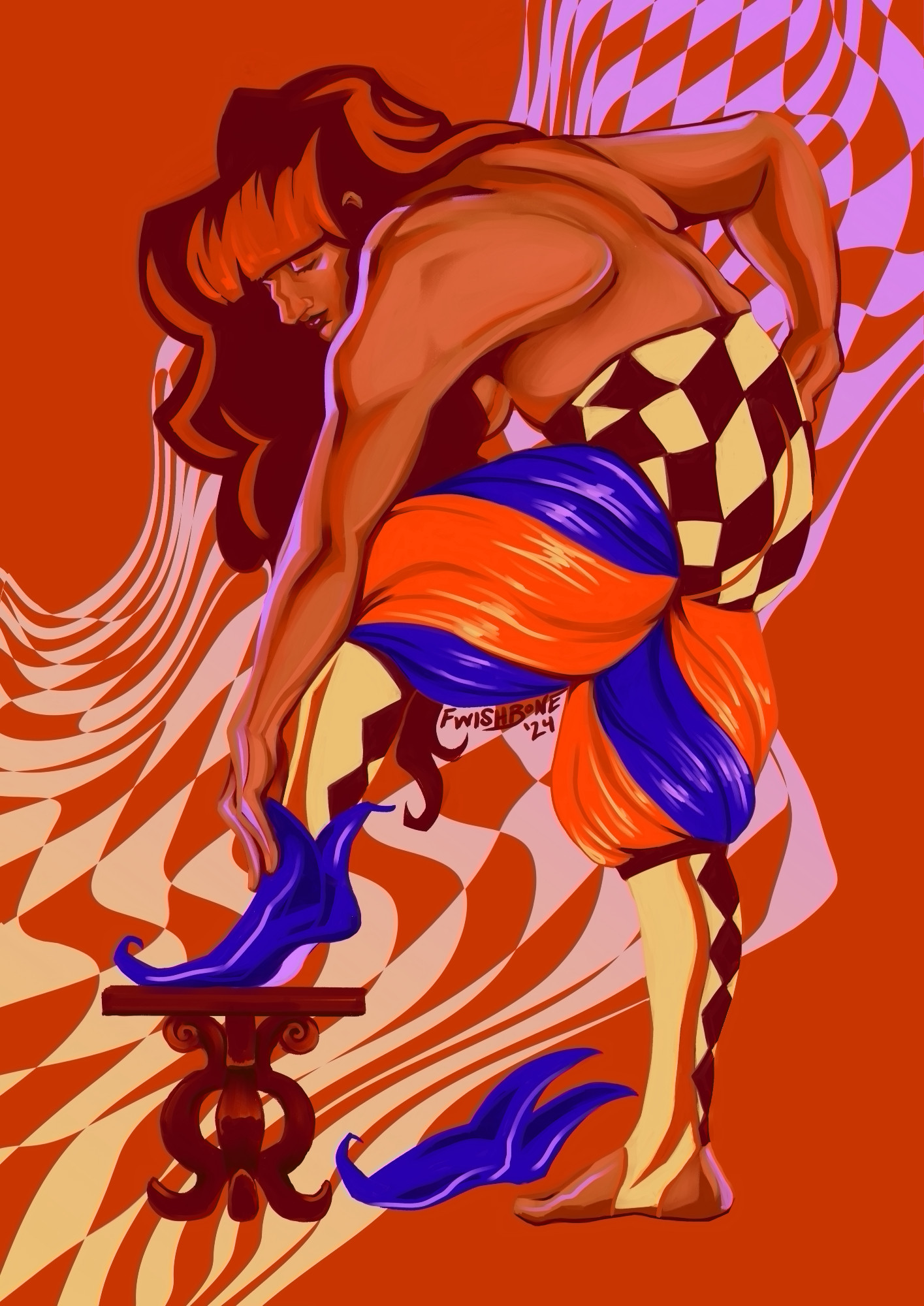 digital painting of a person with brown skin and dark brown wavy hair, topless, leaning down to fasten their shoe. they wear bright flashy pants and have their left foot propped on top of a stool.