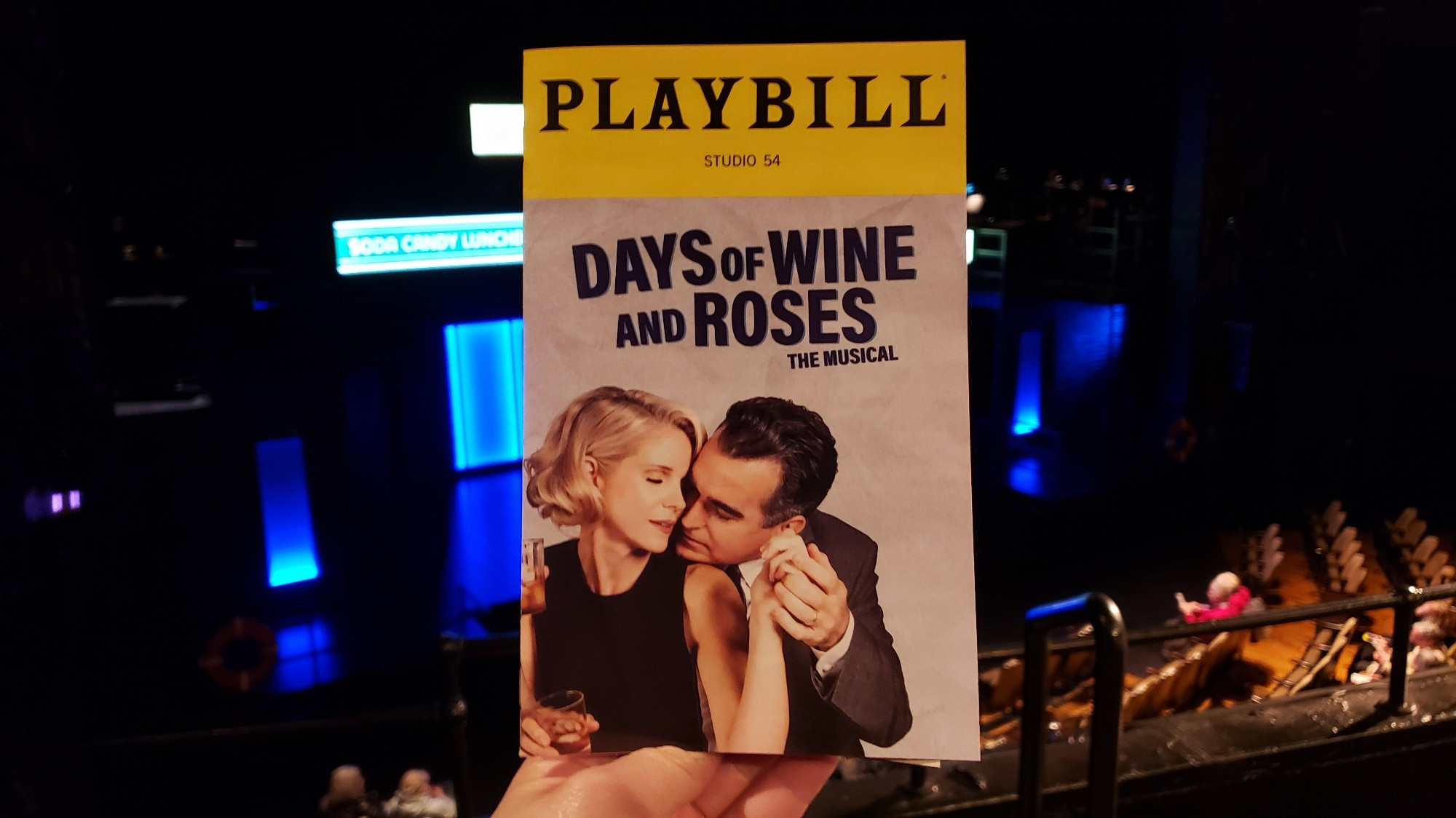 Playbill for 'Days of Wine and Roses: The Musical', with stage in background.