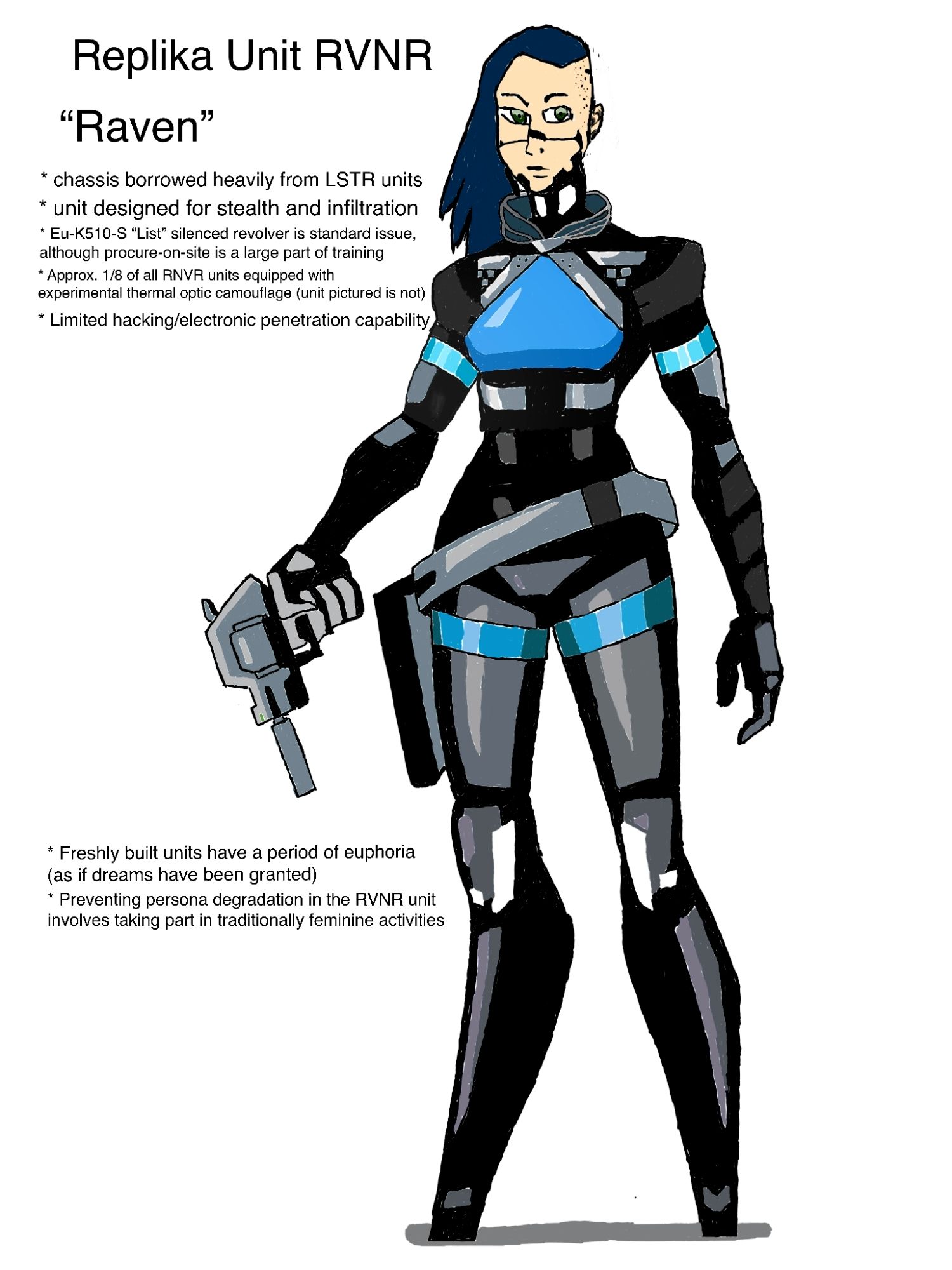 Head on drawn image of an original character based on the Replikas from the game signalis. The character is built mainly for stealth and infiltration missions and is holding a revolver with a silencer attached to the front to her side