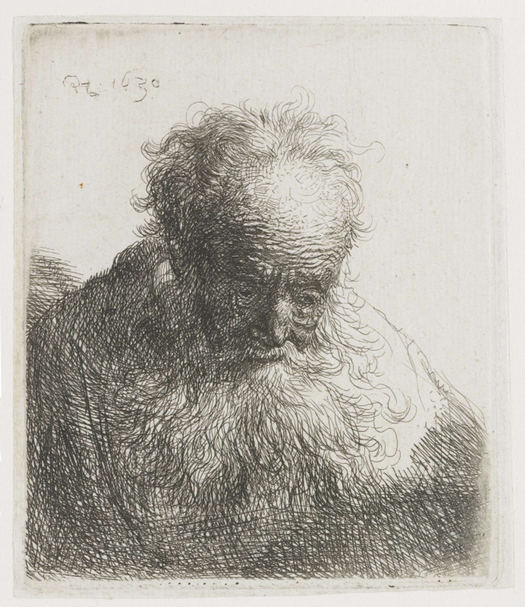 Bust of an old man with a flowing beard: the head bowed forward: left shoulder unshaded