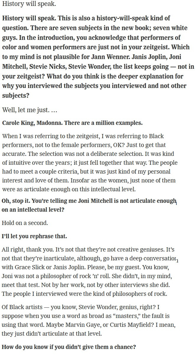 Wenner calling Joni Mitchell and Curtis Mayfield "inarticulate"