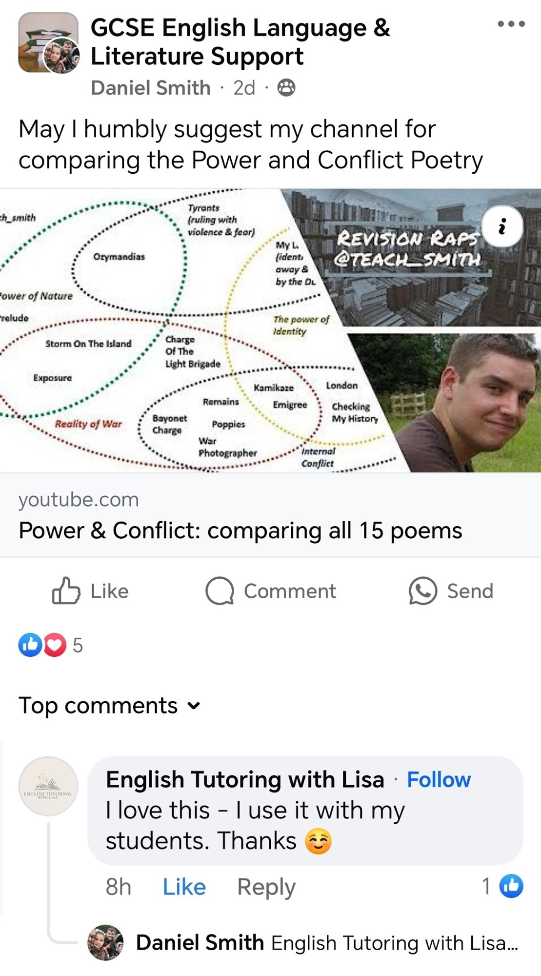 Screenshot of a Facebook group for GCSE English Literature and Language that shows a YouTube video about comparing the Power and Conflict Poetry. There is a comment underneath from an English Teacher saying that she uses it with her students