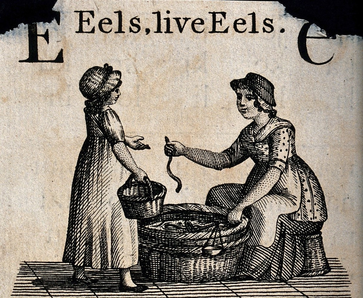 Excerpt from an early modern alphabet primer for the letter E. There is an uppercase E in the upper left corner, and a lowercase e in the upper right. Along the top, between these letter, it reads: "Eel, live Eels."

Below this is a black and white drawing of a woman (we'll call her Evoxagret), sitting in front of a large wicker basket, handing an eel to a small girl. The woman is perched on a stool of some sort, and has a scale in her hand for weighing out eels. she has a hat, and an apron, and a shirt with what might be polkadots. Or they might be little ladybugs (except she's English, so they're probably ladybirds). She has a somewhat smug smile on her face; as smug as eels, really.

The girl (we'll call her Jesmerolda) is holding a basket in her right hand, and is reaching out for the eel with her left. Odds are she's gonna pop the eel in the basket, and hope it doesn't slither out. She's wearing a plain dress and a hat or bonnet and little black shoes. Eel-gettin' togs.