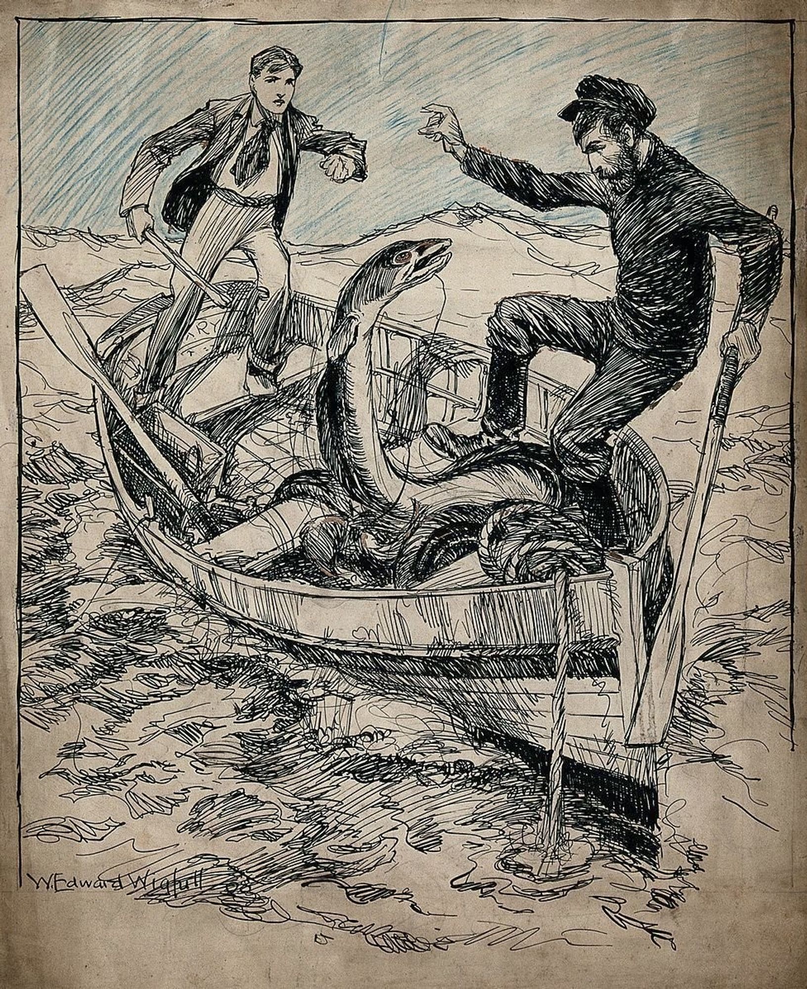 B&W ink pen drawing of two men in a small boat, with a large eel. The sky on the horizon has been colored an uneven blue. The water looks choppy, with small waves near the boat and bigger ones just behind it.

The eel is rearing up, and facing the man at the front of the boat. From its posture, it seems to be attacking him. It's expression, however is somewhat calm, suggesting that it is either: a) very comfortable with violence; or b) just wants to talk. The eel has a line coming out of it's mouth, and has probably been hooked and hauled into the boat. You'd want to talk, too. 

For their part, the men look distressed. The one facing the eel, at the front of the boat, is holding an oar and about to fall into the water. The man at the back has a club, and is probably about to go after the eel. He is wearing a wide tie, which is not appropriate garb for eel fighting.

The drawing is from: Wellcome Library V0049550; https://wellcomeimages.org/indexplus/image/V0049550.html