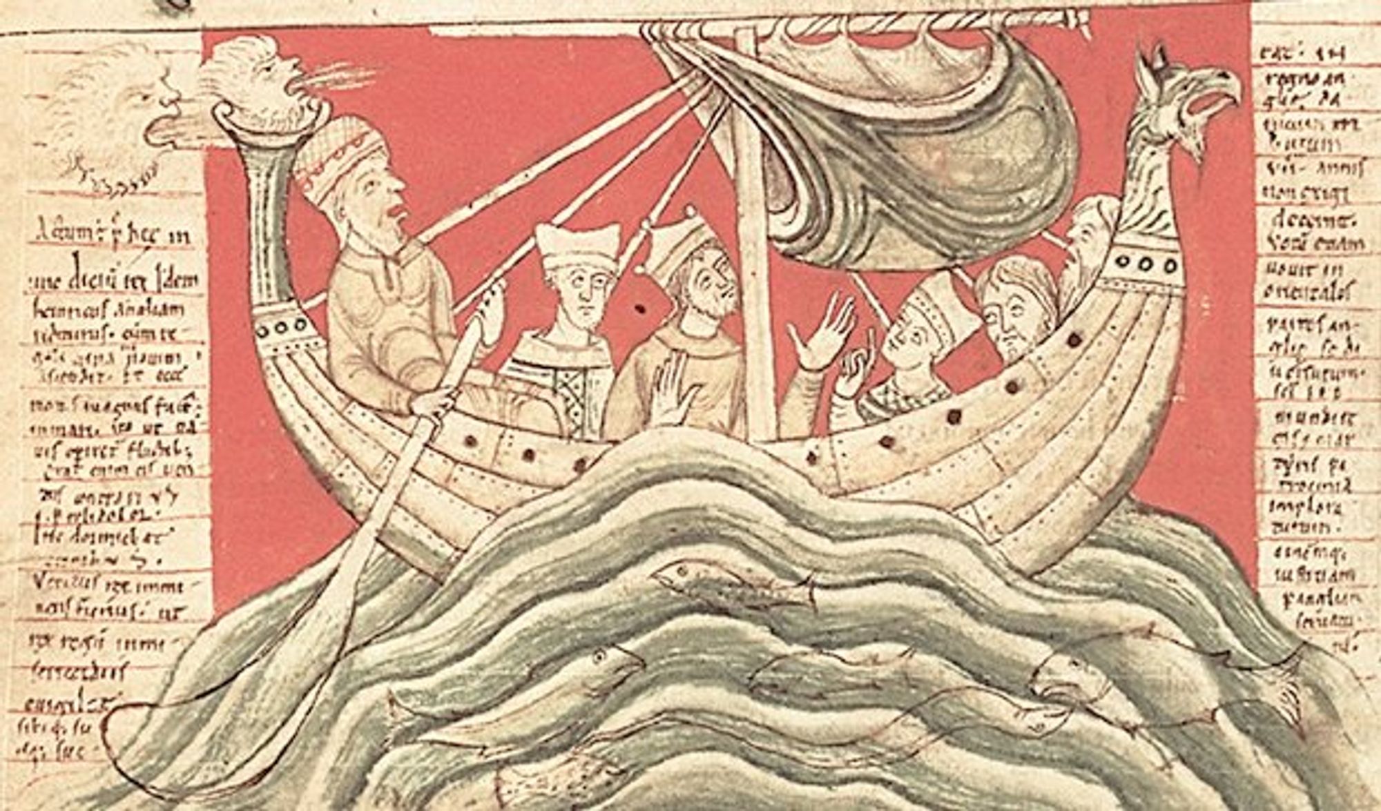 Medieval painting of a ship on the water, against an orange background. The ship has one sail, and it is being blown all out of shape by the winds, which you can see personified behind the ship. They look like little angry fuzzballs with faces, blowing furiously. The ship is atop a the crest of a good sized wave; this along with the wind suggest a squall. The front of the ship has been carved into something like a griffin's head.

The ship carries six people. The man at the back is controlling a long steering board, or an oar that he's using for a rudder. His moth is slack, and he looks distressed by the state of the sale. The other people on the boat seem uninterested, but do seem to be arguing with each other. Perhaps one of them was using loaded dice.

Below the ship, in the water, are several fish, including an upside down eel.

You are expecting me to make an Incredible Hulk joke here, but this hulk is wholly credible.

Source: Corpus Christi College, Oxford MS 157, fol 383r.