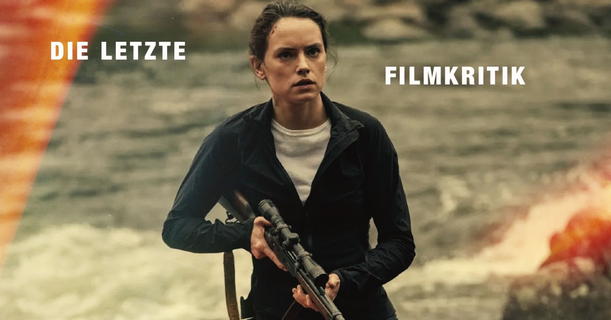 Daisy Ridley mit Gewehr auf der Jagd und auf dem Cover des Podcasts "Die Letzte Filmkritik".