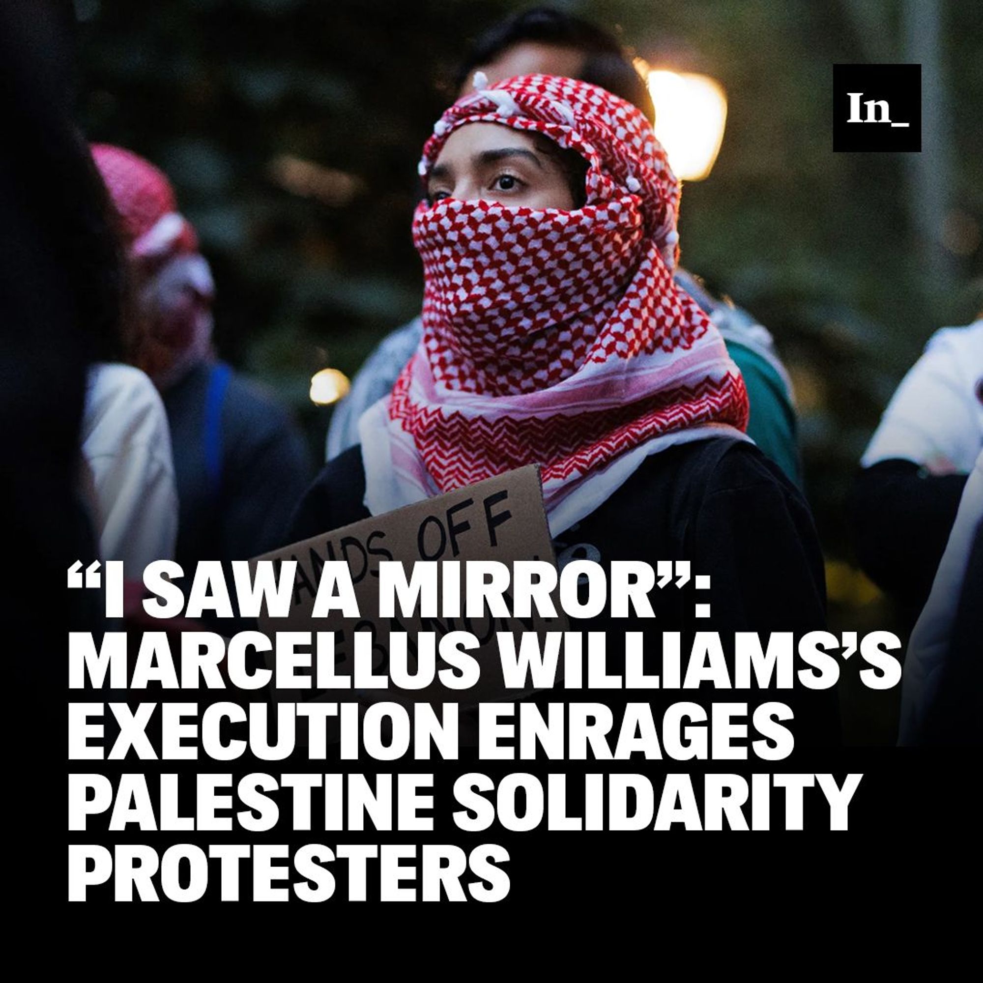 A photo of people participating in a “Flood Manhattan for Lebanon” protest with signs at Madison Square Park in New York, on Sept. 24, 2024, overlaid with the headline, "“I Saw a Mirror”: Marcellus Williams’s Execution Enrages Palestine Solidarity Protesters."