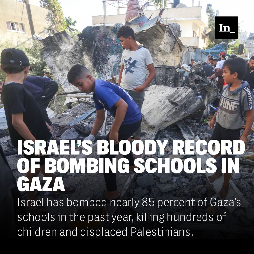 A photo of children picking through the rubble after an Israeli attack at the school of United Nations Relief and Works Agency for Palestine Refugees in the Near East (UNRWA) at Nuseirat Refugee Camp in Gaza City, Gaza on September 11, 2024. It is overlaid with the headline, "Israel’s Bloody Record of Bombing Schools in Gaza" and the DEK, "Israel has bombed nearly 85 percent of Gaza’s schools in the past year, killing hundreds of children and displaced Palestinians."