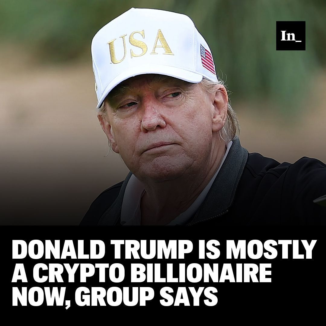 A photo of Donald Trump opening his new golf course at his Trump International Golf links resort on July 29, 2025, in Balmedie, Scotland, overlaid with the headline, "Donald Trump Is Mostly a Crypto Billionaire Now, Group Says."