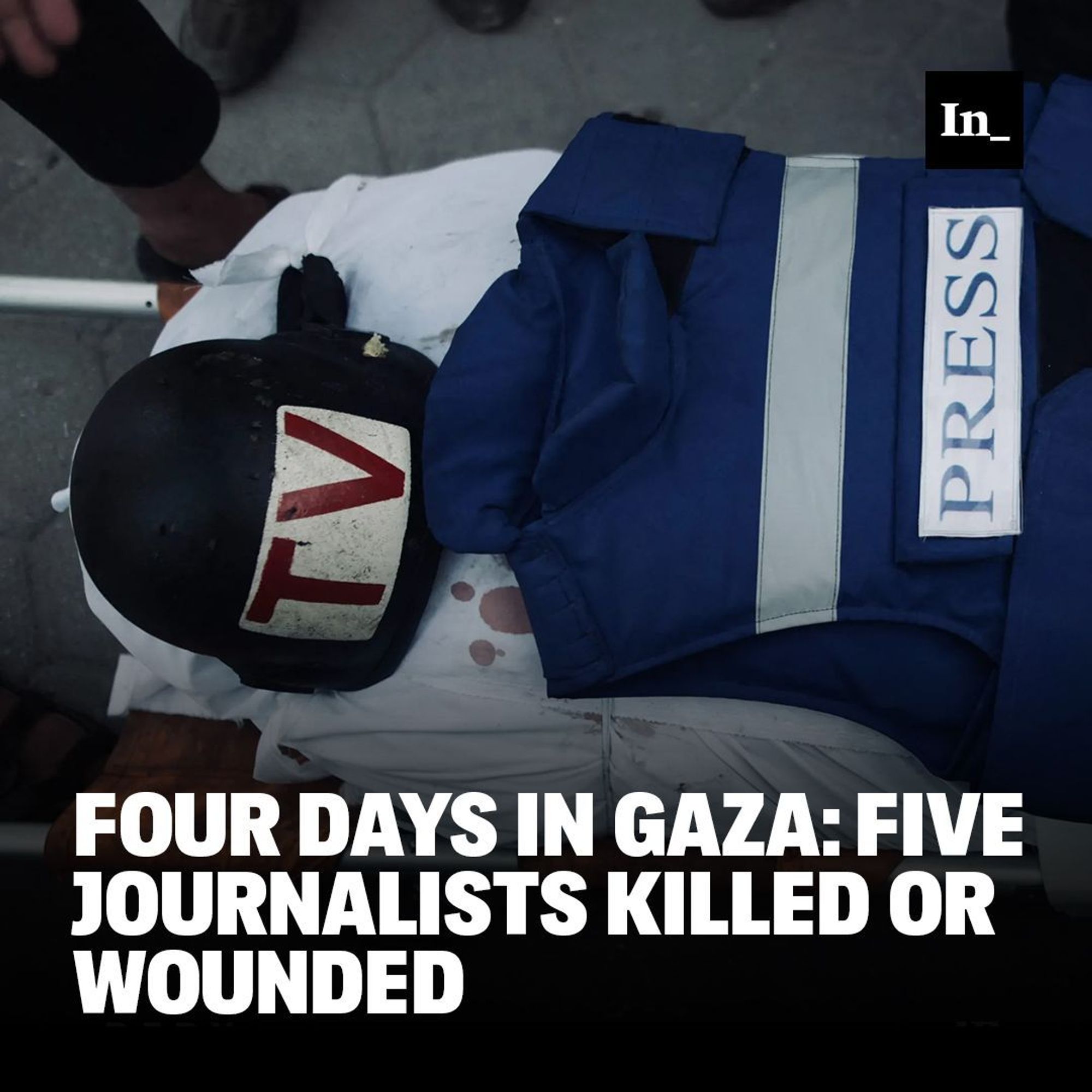 A photo of the body of Al-Aqsa TV cameraman Mohammed al-Tanani, who was killed by an Israeli attack on the Jabalia Refugee Camp, in Gaza City, Gaza, on Oct. 9, 2024, overlaid with the headline, "Four Days in Gaza: Five Journalists Killed or Wounded."