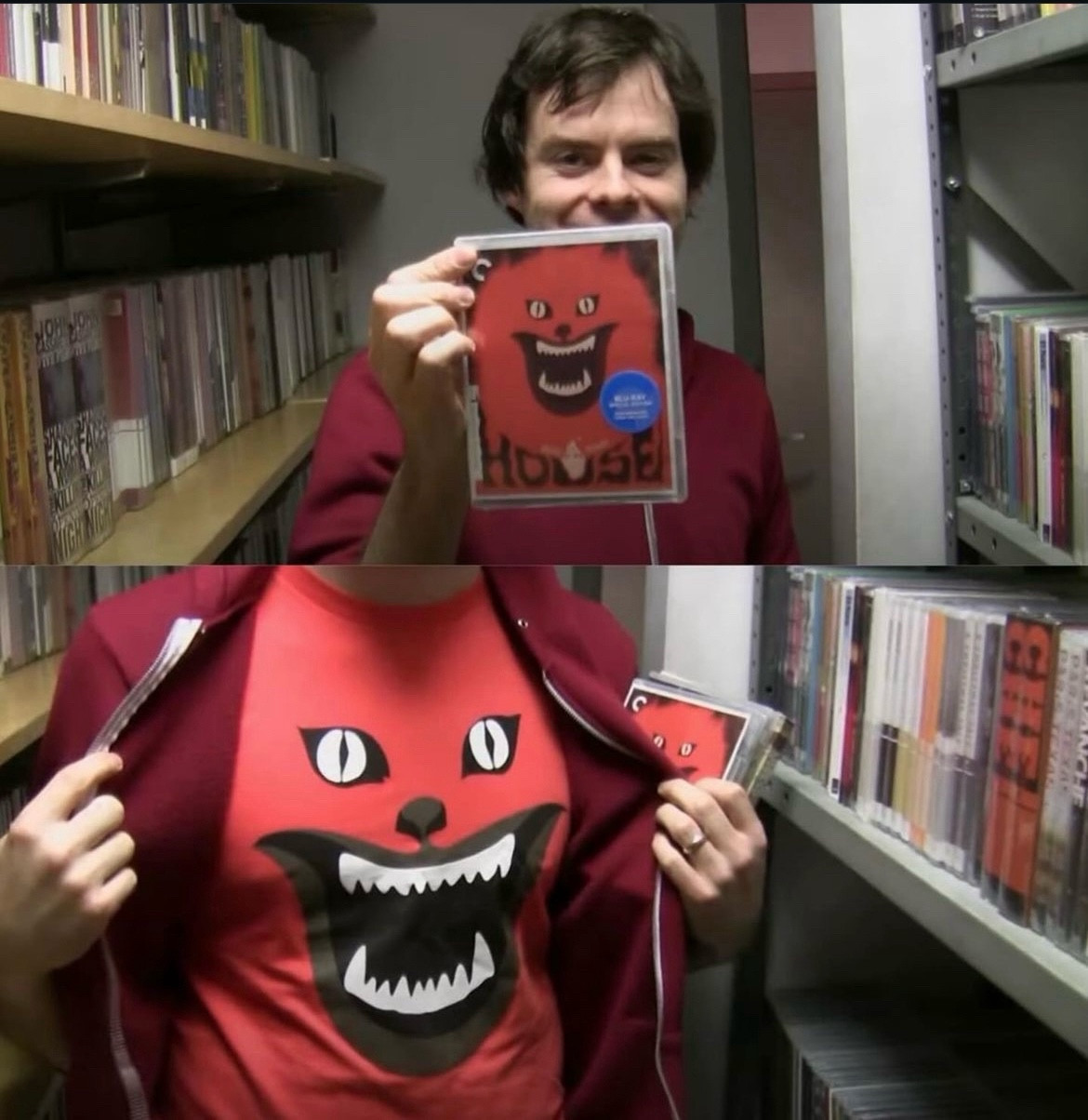 Bill Hader in the Criterion Closet wearing a House t shirt underneath a hoodie while holding a DVD copy of House