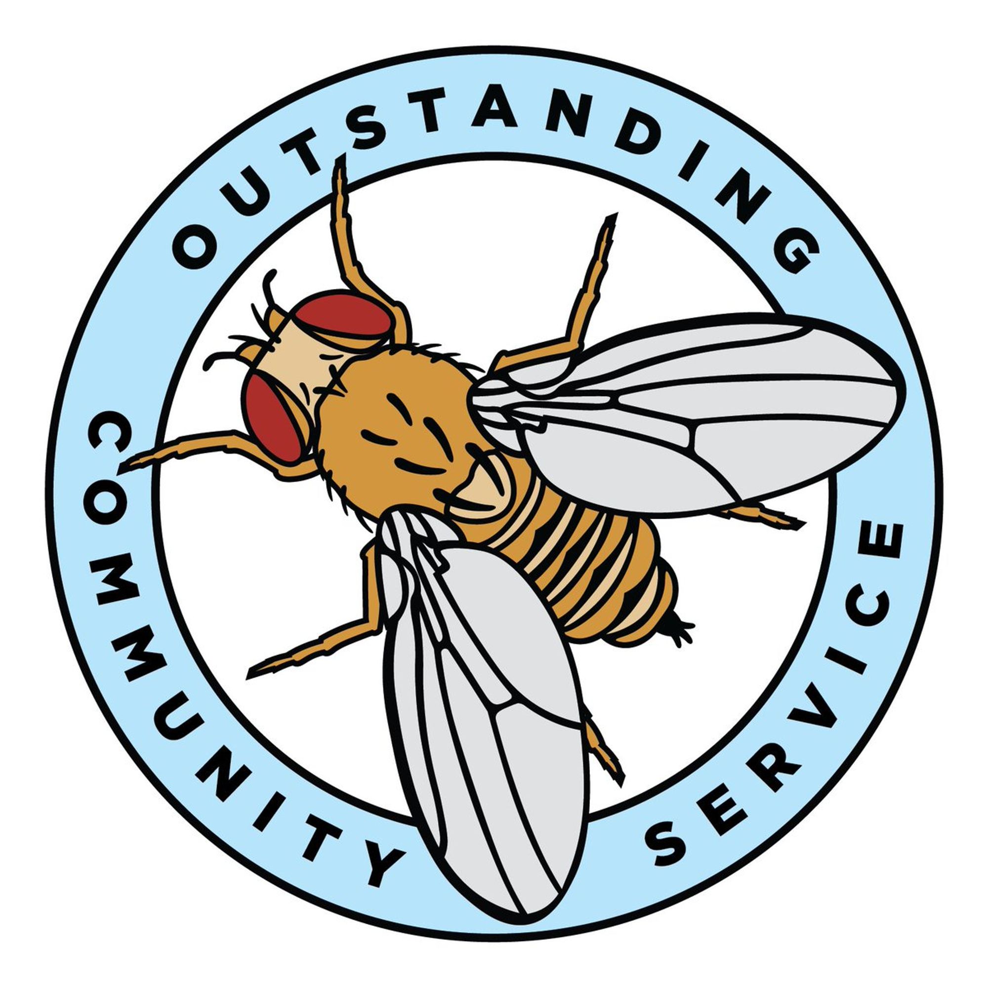 Picture of Drosophila melanogaster surrounded by the words "Outstanding Community Service".