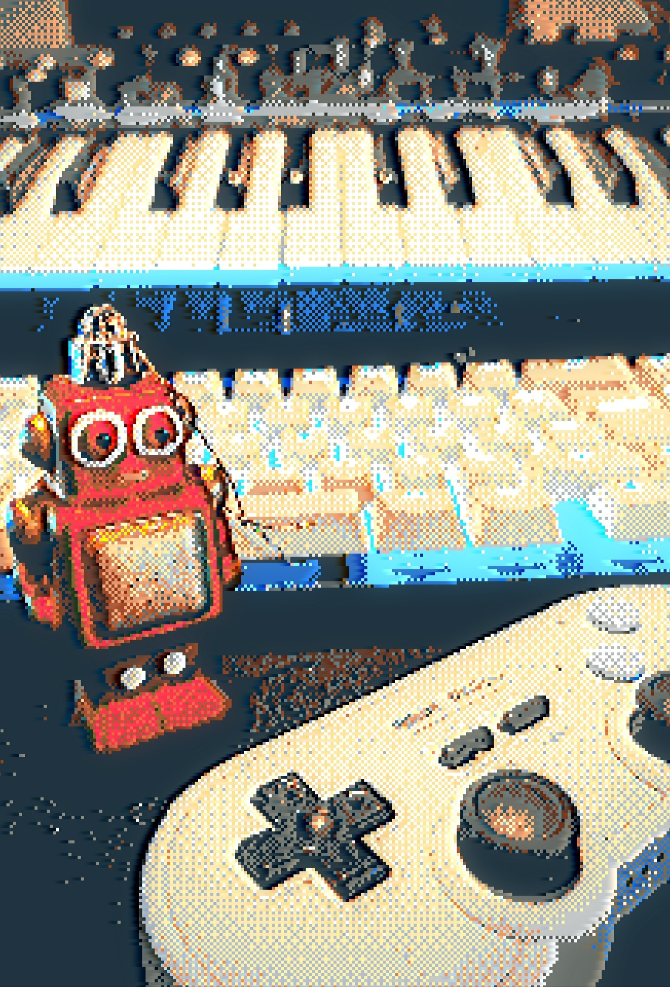 A robot as a Christmas ornament, a controller, a keyboard and a synth. Pixelstyle.