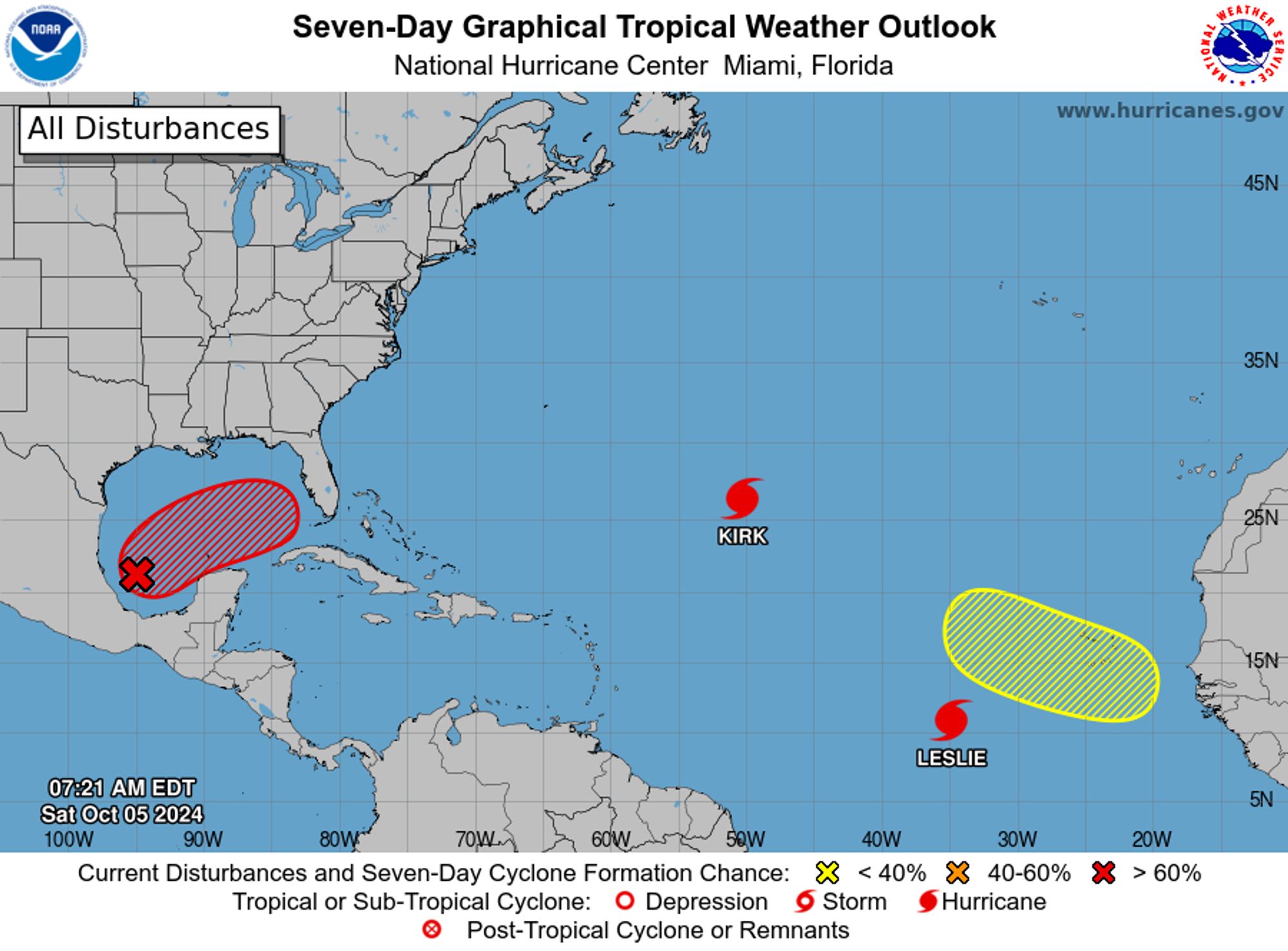 tropical weather outlook over the next 7 days color illustrated image of Atlantic Ocean for
NWS National Hurricane Center Miami FL
800 AM EDT Sat Oct 5 2024

For the North Atlantic...Caribbean Sea and the Gulf of Mexico:

Active Systems:
The National Hurricane Center is issuing advisories on Hurricane 
Kirk, located over the central subtropical Atlantic Ocean, and on 
Hurricane Leslie, located over the eastern tropical Atlantic 
Ocean.

1. Gulf of Mexico (AL92):
Showers and thunderstorms associated with a broad area of low 
pressure located over the southwestern Gulf of Mexico are gradually 
becoming better organized.  Development of this system is expected, 
and a tropical depression or storm is likely to form later today or 
on Sunday while it moves slowly eastward over the southwestern Gulf 
of Mexico.  By early next week, the system is forecast to move 
faster eastward or northeastward across the central and eastern Gulf 
of Mexico where additional strengthening is likely.  Interests on 
the Yucatan peninsula of Mexico, the  Florida Peninsula, the Florida 
Keys, and the northwestern Bahamas should monitor the progress of 
this system. Regardless of development, locally heavy rains could 
occur over portions of Mexico during the next day or two, and over 
much of Florida late this weekend through the middle of next week.
* Formation chance through 48 hours...high...70 percent. 
* Formation chance through 7 days...high...90 percent.

2. Far Eastern Tropical Atlantic:
A tropical wave is expected to move off the west coast of Africa on 
Monday or Tuesday.  Some development of this system is possible 
thereafter while it moves westward or west-northwestward across the 
eastern tropical Atlantic.  The system is expected to move near or 
over the Cabo Verde Islands on Wednesday and Thursday, and interests 
there should monitor its progress.
* Formation chance through 48 hours...low...near 0 percent.
* Formation chance through 7 days...low...30 percent.


Forecaster Kelly
