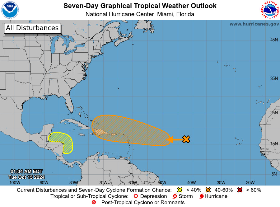 tropical weather outlook over the next 7 days color illustrated image of Atlantic Ocean for
NWS National Hurricane Center Miami FL
200 AM EDT Tue Oct 15 2024

For the North Atlantic...Caribbean Sea and the Gulf of Mexico:

1. Central Tropical Atlantic (AL94):
A well-defined area of low pressure located over the central 
tropical Atlantic is producing occasional showers and 
thunderstorms. This system remains embedded in a dry air 
environment, and development is unlikely over the next couple of 
days. However, this system is forecast to move generally westward 
and environmental conditions are expected to become more favorable 
for gradual development by the middle to latter part of this week. A 
tropical depression could form as the system begins moving 
west-northwestward and approaches or moves near the Leeward Islands 
late this week.
* Formation chance through 48 hours...low...10 percent.
* Formation chance through 7 days...medium...60 percent.

2. Western Caribbean Sea:
A broad area of low pressure could develop over the southwestern 
Caribbean Sea by the middle to latter portions of this week. Some 
gradual development is possible thereafter if the system stays over 
water while it moves slowly west-northwestward towards northern 
Central America. Regardless of development, locally heavy rainfall 
is possible across portions of Central America later this week.
* Formation chance through 48 hours...low...near 0 percent.
* Formation chance through 7 days...low...30 percent.


Forecaster Beven
