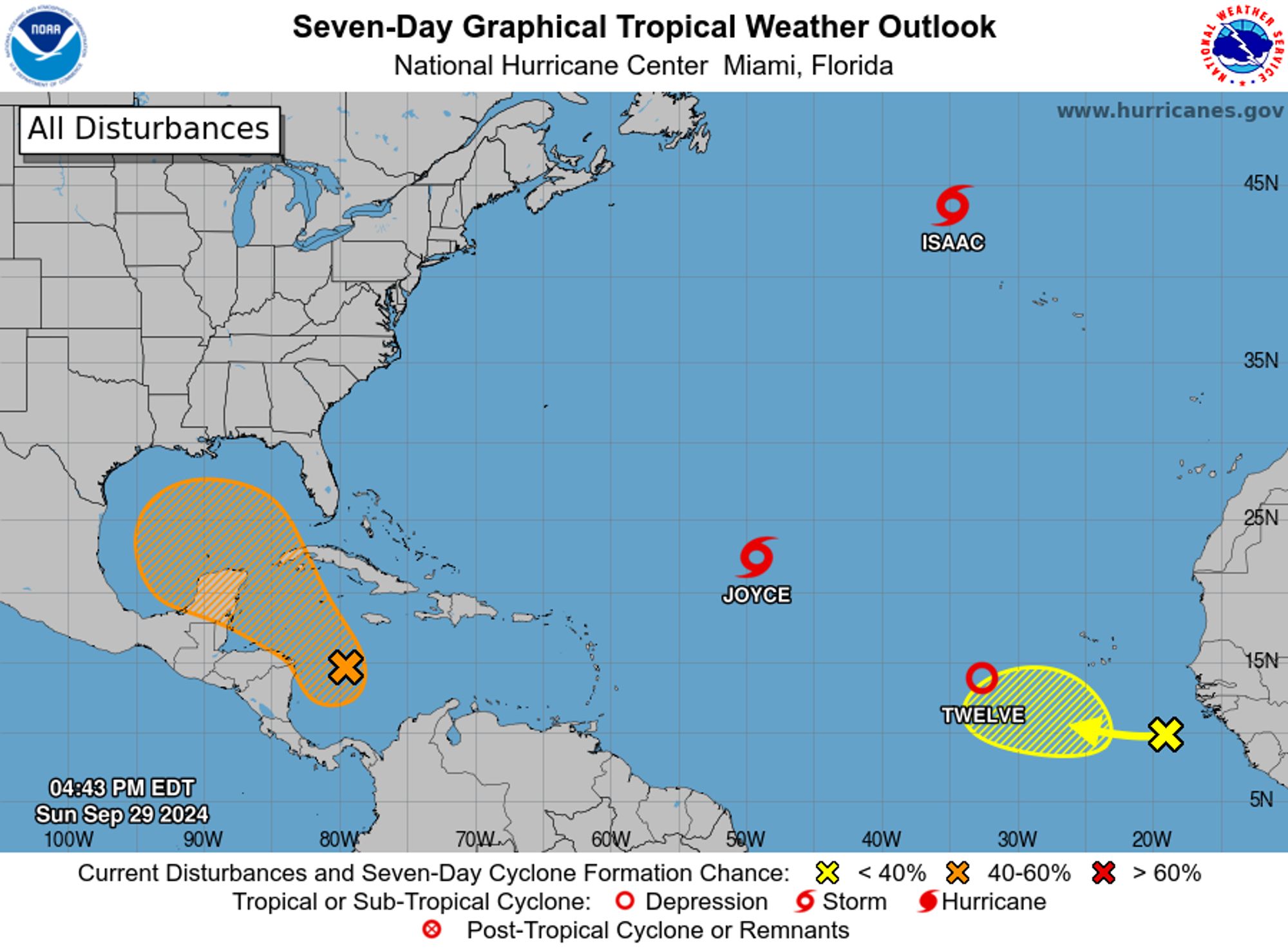 tropical weather outlook over the next 7 days color illustrated image of Atlantic Ocean for
NWS National Hurricane Center Miami FL
200 PM EDT Sun Sep 29 2024

For the North Atlantic...Caribbean Sea and the Gulf of Mexico:

Active Systems:
The National Hurricane Center is issuing advisories on Hurricane 
Isaac, located several hundred miles northwest of the Azores, and 
on Tropical Storm Joyce, located over the central Atlantic Ocean.

1. Eastern and Central Tropical Atlantic (AL90):
Recent satellite imagery indicates that the circulation associated 
with an area of low pressure located several hundred miles west- 
southwest of the Cabo Verde Islands is becoming better defined.
Environmental conditions are favorable for continued development of 
this system, and a tropical depression is likely to form early this 
week, possibly as soon as tonight. The low will continue to move 
westward and then northwestward across the eastern and central 
tropical Atlantic. Additional information on this system, including 
gale warnings, can be found in High Seas Forecasts issued by the 
National Weather Service.
* Formation chance through 48 hours...high...80 percent. 
* Formation chance through 7 days...high...90 percent.

2. Western Caribbean Sea and Gulf of Mexico:
A broad area of low pressure located over the western Caribbean Sea 
is producing disorganized showers and thunderstorms. Environmental 
conditions appear to be conducive for gradual development, and a 
tropical depression could form around the middle part of this week 
while the disturbance meanders towards the west-northwest. This 
system is then expected to move northwestward into the Gulf of 
Mexico during the latter portion of this week, and interests in the 
northwestern Caribbean Sea and along the U.S. Gulf Coast should 
monitor its progress.
* Formation chance through 48 hours...low...near 0 percent. 
* Formation chance through 7 days...medium...50 percent.

3. Eastern Atlantic:
A low-latitude tropical wave located near the coast of western 
Africa is currently producing limited shower and thunderstorm 
activity.  Upper-level winds are forecast to become more conducive 
for gradual development of this system during the next several days 
while it moves slowly westward or west-northwestward over the 
eastern Atlantic Ocean.
* Formation chance through 48 hours...low...near 0 percent. 
* Formation chance through 7 days...low...30 percent.


High Seas Forecasts issued by the National Weather Service
can be found under AWIPS header NFDHSFAT1, WMO header FZNT01 
KWBC, and online at ocean.weather.gov/shtml/NFDHSFAT1.php

Forecaster Blake/Mahoney
