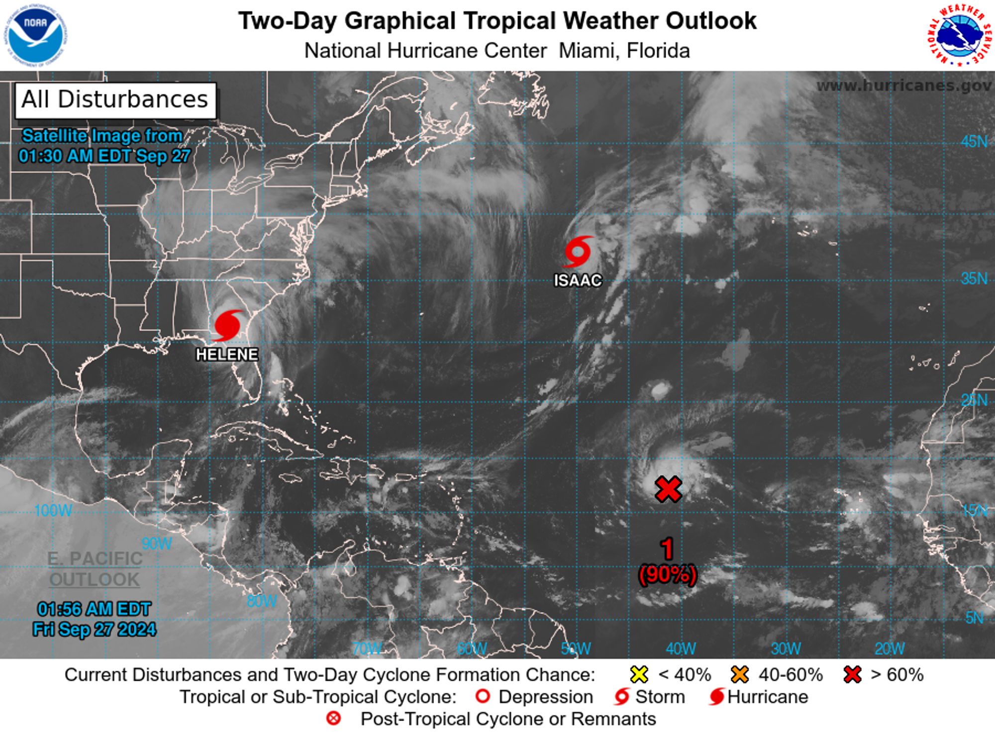 tropical weather outlook over the next 2 days greyscale satellite image of Atlantic Ocean for
NWS National Hurricane Center Miami FL
200 AM EDT Fri Sep 27 2024

For the North Atlantic...Caribbean Sea and the Gulf of Mexico:

Active Systems:
The National Hurricane Center is issuing advisories on Hurricane 
Helene, located inland over southern Georgia and on Tropical Storm 
Isaac, located over the central Subtropical Atlantic Ocean.

1. Eastern and Central Tropical Atlantic (AL98):
Showers and thunderstorms associated with an area of low pressure 
located midway in between the Cabo Verde Islands and the Lesser 
Antilles continues to remain well organized. Environmental 
conditions are currently conducive for further development and a 
tropical depression or storm could form at any time today while the 
system moves generally westward to west-northwestward at 10 to 15 
mph. The system is then forecast to slow down and turn 
north-northwestward by this weekend.
* Formation chance through 48 hours...high...90 percent. 
* Formation chance through 7 days...high...90 percent.

2. Western Caribbean:
An area of low pressure could form over the western Caribbean Sea by 
the middle of next week. Environmental conditions are expected to be 
conducive for slow development thereafter, while the system moves 
generally northwestward, potentially entering the Gulf of Mexico by 
the end of next week. 
* Formation chance through 48 hours...low...near 0 percent. 
* Formation chance through 7 days...low...30 percent.


Forecaster Papin
