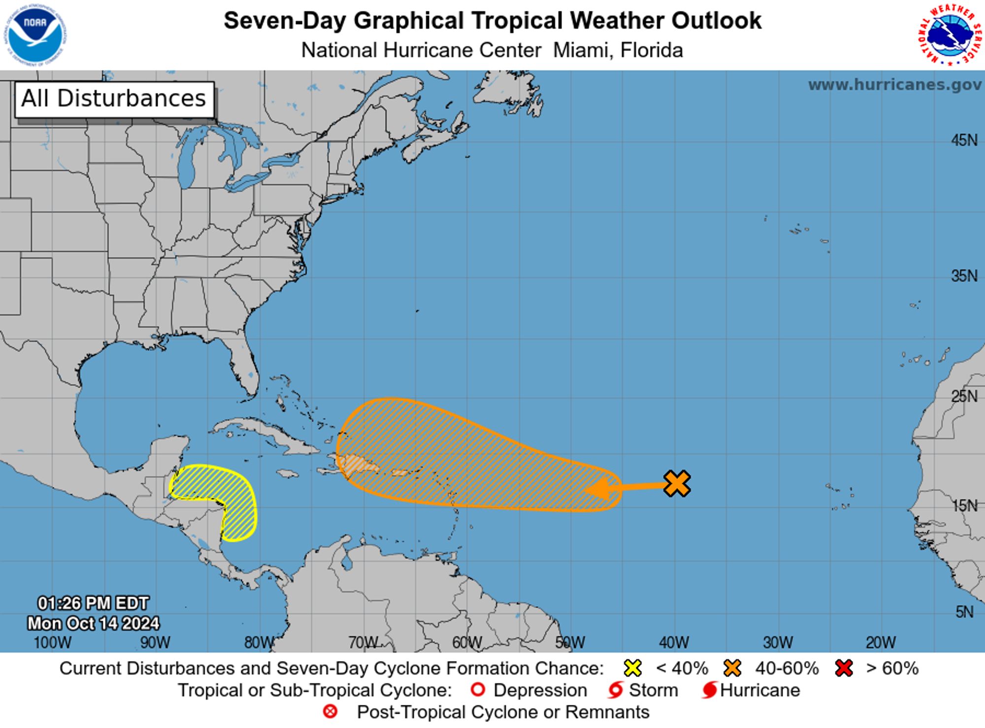 tropical weather outlook over the next 7 days color illustrated image of Atlantic Ocean for
NWS National Hurricane Center Miami FL
200 PM EDT Mon Oct 14 2024

For the North Atlantic...Caribbean Sea and the Gulf of Mexico:

1. Central Tropical Atlantic (AL94):
A well-defined area of low pressure located roughly midway between 
the Cabo Verde Islands and the Lesser Antilles is producing limited 
shower and thunderstorm activity. This system is currently embedded 
in a dry air environment, and development is unlikely over the next 
couple of days. However, this system is forecast to move generally 
westward toward warmer waters, and environmental conditions could 
become more favorable for gradual development by the middle to 
latter part of this week. A tropical depression could form as the 
system begins moving west-northwestward and approaches or moves near 
the Leeward Islands late this week.
* Formation chance through 48 hours...low...10 percent.
* Formation chance through 7 days...medium...60 percent.

2. Western Caribbean Sea:
A broad area of low pressure is likely to form over the southwestern 
Caribbean Sea by the middle to latter portions of this week. Some 
development is possible thereafter if the system stays over water 
while it moves slowly west-northwestward towards northern Central 
America. Regardless of development, locally heavy rainfall is 
possible across portions of Central America later this week.
* Formation chance through 48 hours...low...near 0 percent.
* Formation chance through 7 days...low...20 percent.


Forecaster Hagen
