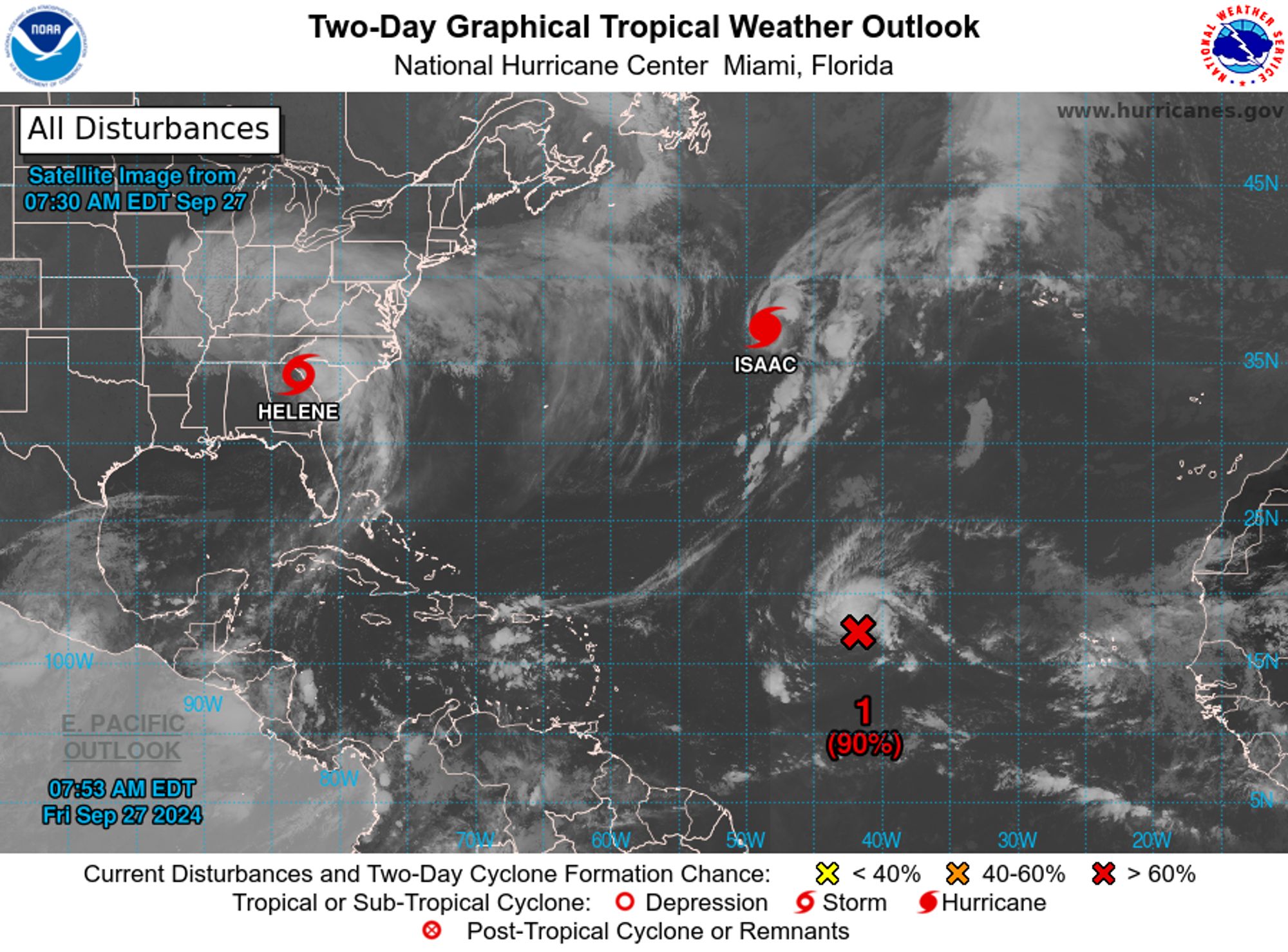 tropical weather outlook over the next 2 days greyscale satellite image of Atlantic Ocean for
NWS National Hurricane Center Miami FL
800 AM EDT Fri Sep 27 2024

For the North Atlantic...Caribbean Sea and the Gulf of Mexico:

Active Systems:
The National Hurricane Center is issuing advisories on Tropical 
Storm Helene, located inland over northeast Georgia and on recently 
upgraded Hurricane Isaac, located over the central Subtropical 
Atlantic Ocean.

1. Central Tropical Atlantic (AL98):
Showers and thunderstorms associated with an area of low pressure 
located midway in between the Cabo Verde Islands and the Lesser 
Antilles continues to become better organized. This disturbance is 
already producing gale-force winds. Environmental conditions are 
conducive for further development and a tropical depression or storm 
could form today while the system moves generally westward to 
west-northwestward at 10 to 15 mph. The system is then forecast to 
slow down and turn north-northwestward by this weekend. Additional 
information on this system, including gale warnings, can be found in 
High Seas Forecasts issued by the National Weather Service.
* Formation chance through 48 hours...high...90 percent. 
* Formation chance through 7 days...high...90 percent.

2. Western Caribbean:
An area of low pressure could form over the western Caribbean Sea by 
the middle of next week. Environmental conditions are expected to be 
conducive for slow development thereafter while the system moves 
generally northwestward, potentially entering the Gulf of Mexico by 
the end of next week. 
* Formation chance through 48 hours...low...near 0 percent. 
* Formation chance through 7 days...low...30 percent.

3. Eastern Tropical Atlantic:
An area of low pressure could form over the eastern tropical 
Atlantic by the early to middle part of next week. Environmental 
conditions are expected to be conducive for slow development 
thereafter while the system moves generally northwestward at 10 to 
15 mph. 
* Formation chance through 48 hours...low...near 0 percent. 
* Formation chance through 7 days...low...20 percent.


High Seas Forecasts issued by the National Weather Service
can be found under AWIPS header NFDHSFAT1, WMO header FZNT01 
KWBC, and online at ocean.weather.gov/shtml/NFDHSFAT1.php

Forecaster Kelly/Rosado
