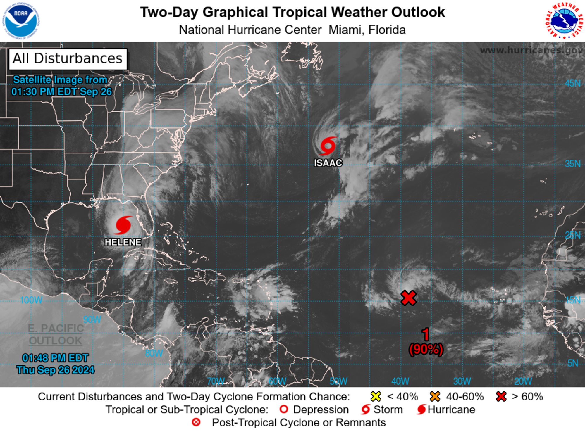 tropical weather outlook over the next 2 days greyscale satellite image of Atlantic Ocean for
NWS National Hurricane Center Miami FL
200 PM EDT Thu Sep 26 2024

For the North Atlantic...Caribbean Sea and the Gulf of Mexico:

Active Systems:
The National Hurricane Center is issuing advisories on Hurricane 
Helene, located over the eastern Gulf of Mexico and on Tropical 
Storm Isaac, located over the central Subtropical Atlantic Ocean. 

1. Eastern and Central Tropical Atlantic (AL98):
Showers and thunderstorms associated with an area of low pressure 
located several hundred miles west of the Cabo Verde Islands 
continue to show signs of organization. Recent satellite imagery 
suggests the system does not yet have a well-defined surface 
circulation. However, environmental conditions are expected to be 
conducive for further development. A tropical depression is 
expected to form later today or tomorrow while the disturbance 
moves generally westward to west-northwestward at 10 to 15 mph. The 
system is then forecast to slow down and turn northward late Friday 
and Saturday.
* Formation chance through 48 hours...high...90 percent. 
* Formation chance through 7 days...high...90 percent.

2. Western Caribbean:
An area of low pressure could form over the western Caribbean by the 
middle of next week. Environmental conditions are expected to be 
conducive for slow development thereafter, while the system moves 
generally northwestward.
* Formation chance through 48 hours...low...near 0 percent. 
* Formation chance through 7 days...low...20 percent.


Public Advisories on Tropical Storm Isaac are issued under WMO 
header WTNT35 KNHC and under AWIPS header MIATCPAT5. 
Forecast/Advisories on Tropical Storm Isaac are issued under WMO 
header WTNT25 KNHC and under AWIPS header MIATCMAT5.

Forecaster D. Zelinsky/Bookbinder
