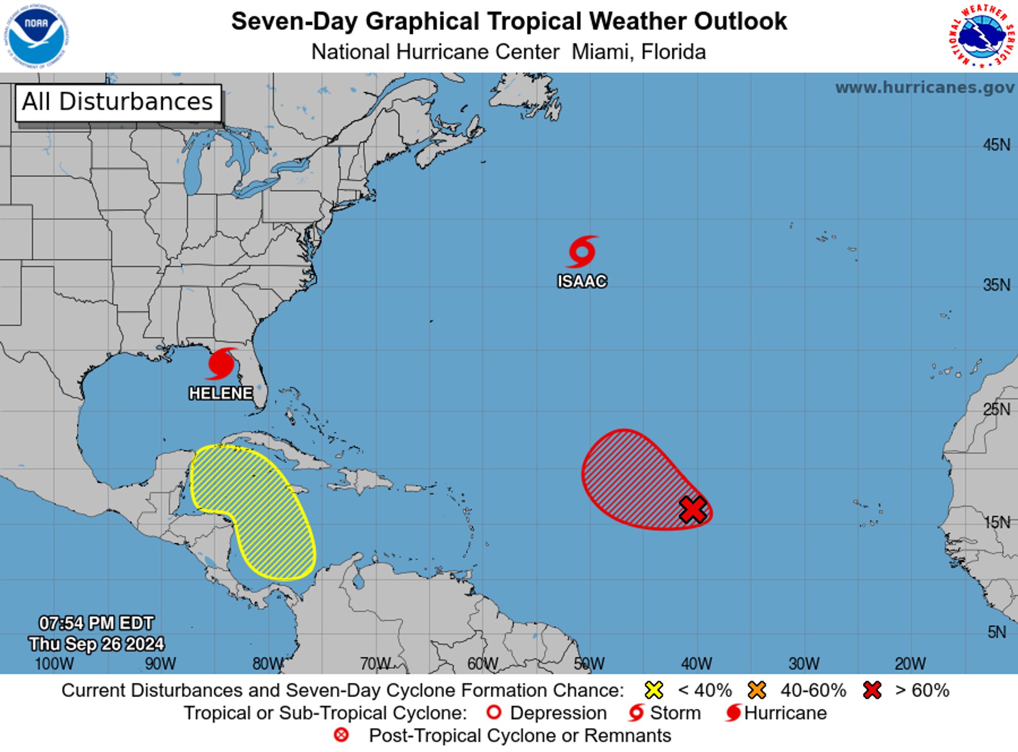 tropical weather outlook over the next 7 days color illustrated image of Atlantic Ocean for
NWS National Hurricane Center Miami FL
800 PM EDT Thu Sep 26 2024

For the North Atlantic...Caribbean Sea and the Gulf of Mexico:

Active Systems:
The National Hurricane Center is issuing advisories on Hurricane 
Helene, located over the northeastern Gulf of Mexico and on 
Tropical Storm Isaac, located over the central Subtropical Atlantic 
Ocean.

1. Eastern and Central Tropical Atlantic (AL98):
Showers and thunderstorms associated with an area of low pressure 
located about one thousand miles west of the Cabo Verde Islands 
continue to show signs of organization. Recent satellite imagery 
suggests the system does not yet have a well-defined surface 
circulation. However, environmental conditions are expected to be 
conducive for further development. A tropical depression is 
expected to form tonight or on Friday while the disturbance moves 
generally westward to west-northwestward at 10 to 15 mph. The 
system is then forecast to slow down and turn north-northwestward 
late Friday and Saturday.
* Formation chance through 48 hours...high...90 percent. 
* Formation chance through 7 days...high...90 percent.

2. Western Caribbean:
An area of low pressure could form over the western Caribbean Sea 
by the middle of next week. Environmental conditions are expected to 
be conducive for slow development thereafter, while the system 
moves generally northwestward.
* Formation chance through 48 hours...low...near 0 percent. 
* Formation chance through 7 days...low...20 percent.


Public Advisories on Tropical Storm Isaac are issued under WMO 
header WTNT35 KNHC and under AWIPS header MIATCPAT5. 
Forecast/Advisories on Tropical Storm Isaac are issued under WMO 
header WTNT25 KNHC and under AWIPS header MIATCMAT5.

Forecaster Hagen
