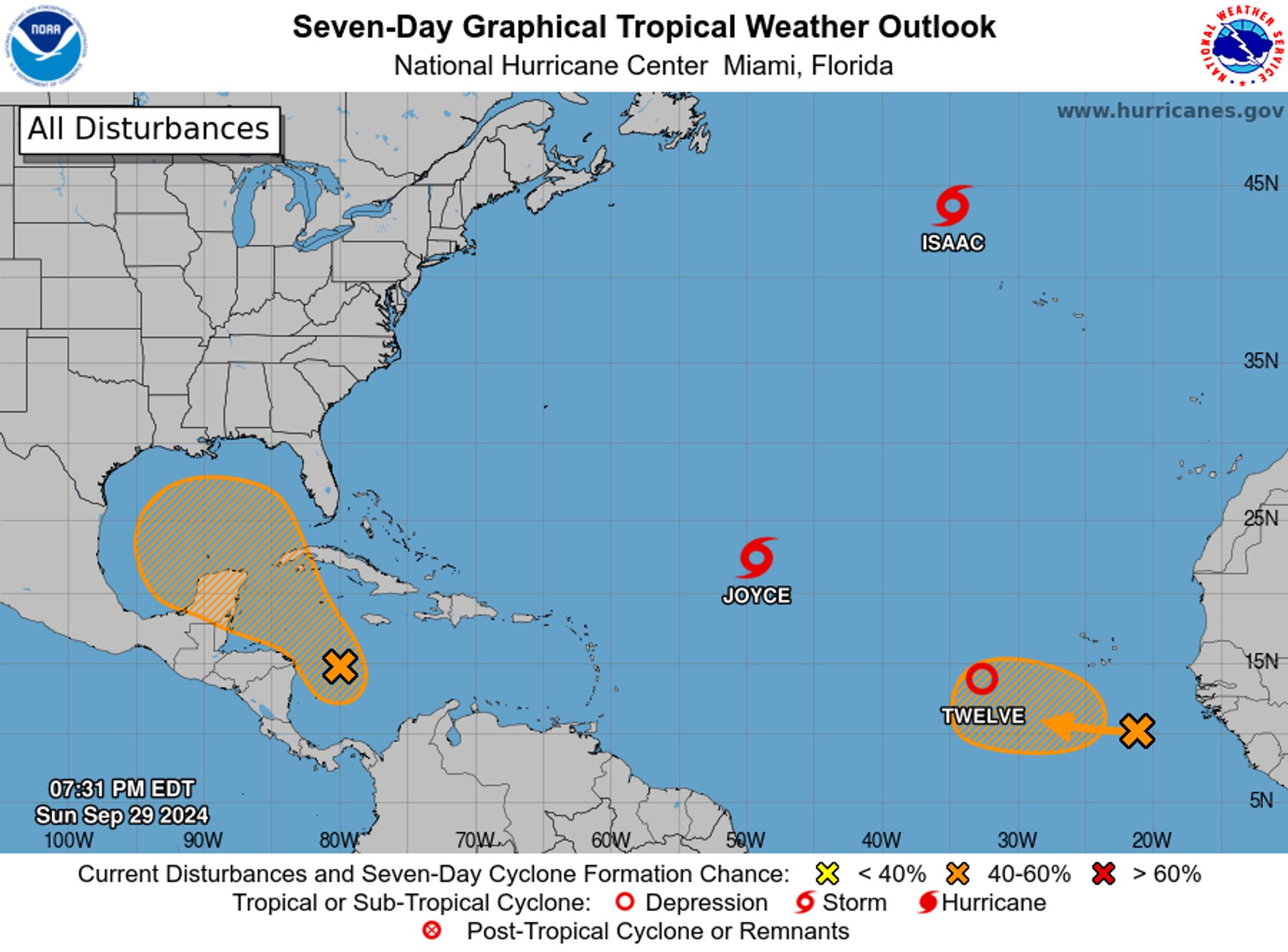 tropical weather outlook over the next 7 days color illustrated image of Atlantic Ocean for
NWS National Hurricane Center Miami FL
800 PM EDT Sun Sep 29 2024

For the North Atlantic...Caribbean Sea and the Gulf of Mexico:

Active Systems:
The National Hurricane Center is issuing advisories on Tropical 
Storm Isaac, located several hundred miles northwest of the Azores, 
on Tropical Storm Joyce, located over the central Atlantic Ocean, 
and on newly formed Tropical Depression Twelve, located over the 
eastern Atlantic Ocean.

1. Western Caribbean Sea and Gulf of Mexico:
A broad area of low pressure located over the western Caribbean Sea 
is producing disorganized showers and thunderstorms. Environmental 
conditions appear to be conducive for gradual development, and a 
tropical depression could form around the middle part of this week 
while the disturbance moves slowly west-northwestward. This system 
is then expected to move northwestward into the Gulf of Mexico 
during the latter portion of this week. Interests in the 
northwestern Caribbean Sea and along the U.S. Gulf Coast should 
monitor the progress of this system.
* Formation chance through 48 hours...low...near 0 percent. 
* Formation chance through 7 days...medium...50 percent.

2. Eastern Tropical Atlantic:
A low-latitude tropical wave located a few hundred miles off the 
west coast of Africa is producing limited shower and thunderstorm 
activity. Upper-level winds are forecast to become more conducive 
for gradual development of this system during the next few days, and 
a tropical depression could form during the middle or latter part of 
this week while moving slowly westward or west-northwestward over 
the eastern tropical Atlantic.
* Formation chance through 48 hours...low...10 percent. 
* Formation chance through 7 days...medium...50 percent.


Public Advisories on Tropical Depression Twelve are issued under 
WMO header WTNT32 KNHC and under AWIPS header MIATCPAT2.
Forecast/Advisories on Tropical Depression Twelve are issued under 
WMO header WTNT22 KNHC and under AWIPS header MIATCMAT2.

Forecaster Reinhart
