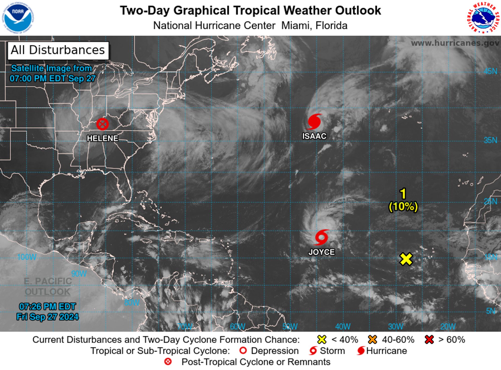 tropical weather outlook over the next 2 days greyscale satellite image of Atlantic Ocean for
NWS National Hurricane Center Miami FL
800 PM EDT Fri Sep 27 2024

For the North Atlantic...Caribbean Sea and the Gulf of Mexico:

Active Systems:
The National Hurricane Center is issuing advisories on Hurricane 
Isaac, located over the central Subtropical Atlantic Ocean, and on 
Tropical Storm Joyce, located over the central Tropical Atlantic 
Ocean.  The Weather Prediction Center is issuing advisories on 
Post-Tropical Cyclone Helene, located inland over the Ohio River 
Valley.

1. Eastern and Central Tropical Atlantic:
A broad and elongated area of low pressure, associated with a 
tropical wave, is producing limited shower activity near and to the 
west of the Cabo Verde Islands.  Environmental conditions appear 
conducive for gradual development of this system, and a tropical 
depression could form next week while moving toward the west and 
then northwest at about 10 mph across the eastern and central 
tropical Atlantic.
* Formation chance through 48 hours...low...10 percent. 
* Formation chance through 7 days...medium...40 percent.

2. Western Caribbean Sea and Gulf of Mexico:
An area of low pressure could form over the western Caribbean Sea by 
the middle of next week.  Environmental conditions are expected to 
be conducive for slow development thereafter while the system moves 
generally northwestward, likely entering the Gulf of Mexico by the 
end of next week. 
* Formation chance through 48 hours...low...near 0 percent. 
* Formation chance through 7 days...low...30 percent.


Public Advisories on Tropical Storm Joyce are issued under WMO 
header WTNT31 KNHC and under AWIPS header MIATCPAT1.
Forecast/Advisories on Tropical Storm Joyce are issued under WMO 
header WTNT21 KNHC and under AWIPS header MIATCMAT1.

Forecaster Berg
