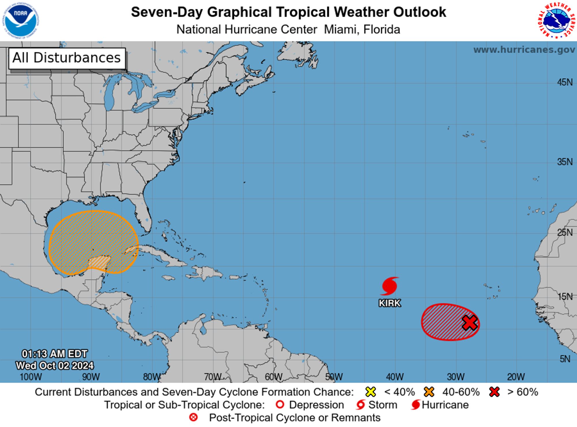 tropical weather outlook over the next 7 days color illustrated image of Atlantic Ocean for
NWS National Hurricane Center Miami FL
200 AM EDT Wed Oct 2 2024

For the North Atlantic...Caribbean Sea and the Gulf of Mexico:

Active Systems:
The National Hurricane Center is issuing advisories on Hurricane 
Kirk, located over the central tropical Atlantic Ocean.

1. Northwestern Caribbean Sea and Gulf of Mexico:
A broad trough of low pressure is producing a large area of 
disorganized showers and thunderstorms from the southwestern 
Caribbean Sea into the southern Gulf of Mexico. Environmental 
conditions could support some gradual development of this system, 
and a tropical depression could form over the weekend as the broader 
disturbance moves fully into the Gulf of Mexico. Interests along the 
U.S. Gulf Coast should continue to monitor the progress of this 
system.
* Formation chance through 48 hours...low...near 0 percent. 
* Formation chance through 7 days...medium...40 percent.

2. Eastern Tropical Atlantic (AL91):
Showers and thunderstorms continue to show signs of organization in 
association with an area of low pressure located a few hundred miles 
south-southwest of the Cabo Verde Islands.  Environmental conditions 
appear conducive for further development of this system, and a 
tropical depression is expected to form during the next day or so 
while it moves slowly westward over the eastern tropical Atlantic.
* Formation chance through 48 hours...high...90 percent. 
* Formation chance through 7 days...high...90 percent.


Forecaster Hagen
