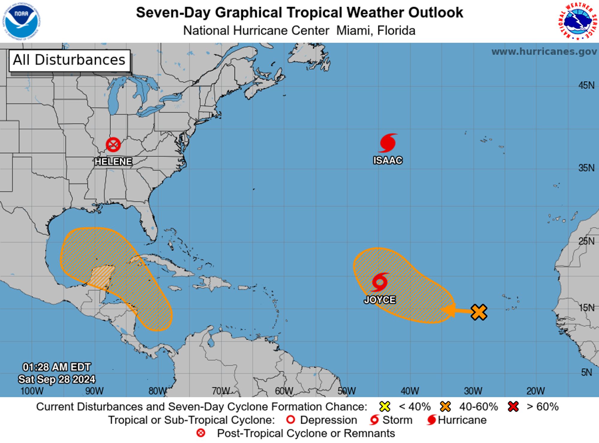 tropical weather outlook over the next 7 days color illustrated image of Atlantic Ocean for
NWS National Hurricane Center Miami FL
200 AM EDT Sat Sep 28 2024

For the North Atlantic...Caribbean Sea and the Gulf of Mexico:

Active Systems:
The National Hurricane Center is issuing advisories on Hurricane 
Isaac, located over the central Subtropical Atlantic Ocean, and on 
Tropical Storm Joyce, located over the central Tropical Atlantic 
Ocean.  The Weather Prediction Center is issuing advisories on 
Post-Tropical Cyclone Helene, located inland over the Ohio River 
Valley.

1. Eastern and Central Tropical Atlantic:
A broad and elongated area of low pressure, associated with a 
tropical wave, is producing limited shower activity near and to the 
west of the Cabo Verde Islands.  Environmental conditions appear 
conducive for gradual development of this system, and a tropical 
depression could form next week while moving toward the west and 
then northwest at about 10 mph across the eastern and central 
tropical Atlantic.
* Formation chance through 48 hours...low...10 percent. 
* Formation chance through 7 days...medium...50 percent.

2. Western Caribbean Sea and Gulf of Mexico:
An area of low pressure could form over the western Caribbean Sea by 
the early part of next week.  Environmental conditions are expected 
to be conducive for additional development thereafter while the 
system moves generally northwestward, and a tropical depression 
could form by the middle of next week as the system enters the Gulf 
of Mexico.
* Formation chance through 48 hours...low...near 0 percent. 
* Formation chance through 7 days...medium...40 percent.


Public Advisories on Tropical Storm Joyce are issued under WMO 
header WTNT31 KNHC and under AWIPS header MIATCPAT1.
Forecast/Advisories on Tropical Storm Joyce are issued under WMO 
header WTNT21 KNHC and under AWIPS header MIATCMAT1.

Forecaster Beven
