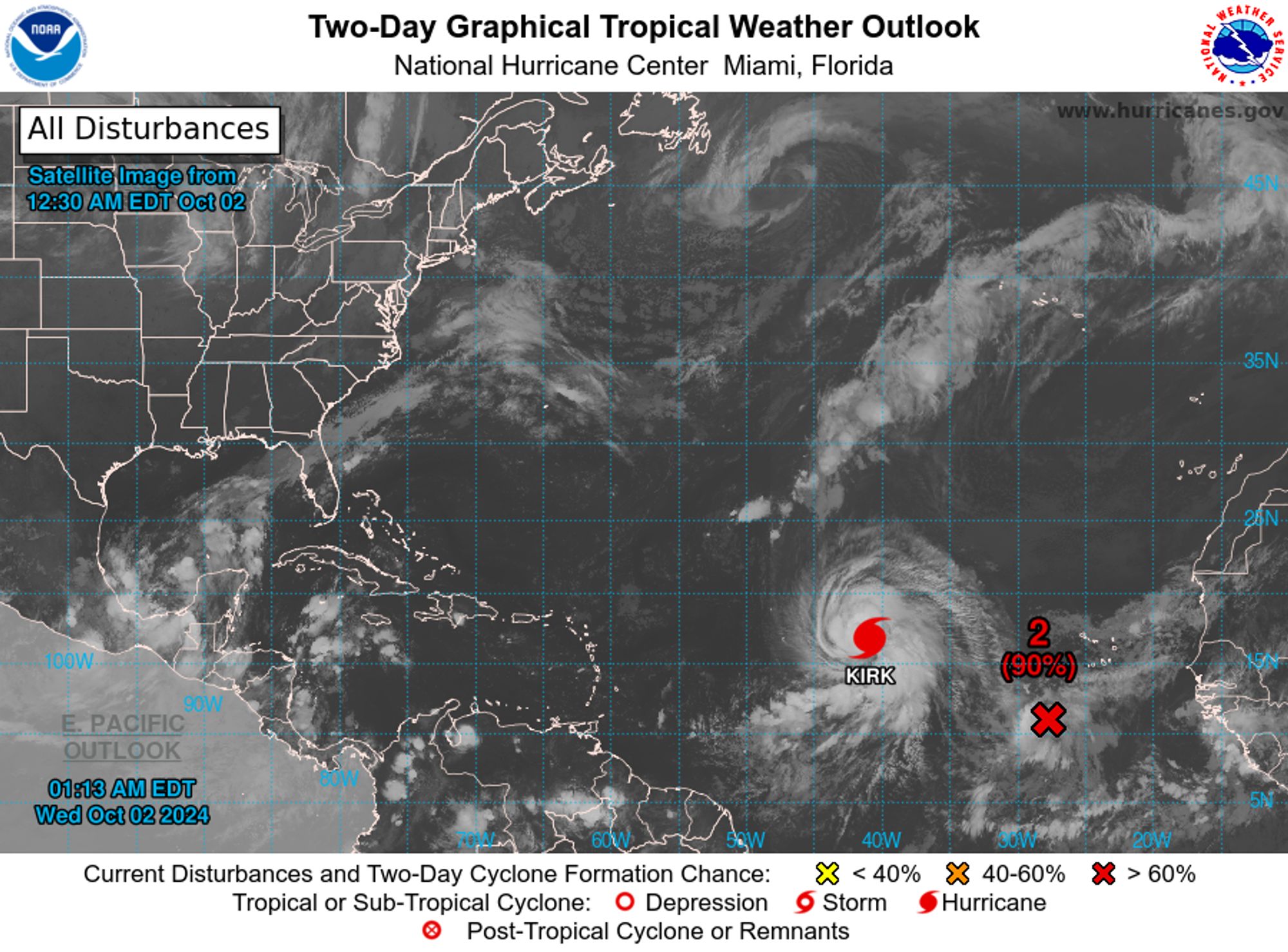 tropical weather outlook over the next 2 days greyscale satellite image of Atlantic Ocean for
NWS National Hurricane Center Miami FL
200 AM EDT Wed Oct 2 2024

For the North Atlantic...Caribbean Sea and the Gulf of Mexico:

Active Systems:
The National Hurricane Center is issuing advisories on Hurricane 
Kirk, located over the central tropical Atlantic Ocean.

1. Northwestern Caribbean Sea and Gulf of Mexico:
A broad trough of low pressure is producing a large area of 
disorganized showers and thunderstorms from the southwestern 
Caribbean Sea into the southern Gulf of Mexico. Environmental 
conditions could support some gradual development of this system, 
and a tropical depression could form over the weekend as the broader 
disturbance moves fully into the Gulf of Mexico. Interests along the 
U.S. Gulf Coast should continue to monitor the progress of this 
system.
* Formation chance through 48 hours...low...near 0 percent. 
* Formation chance through 7 days...medium...40 percent.

2. Eastern Tropical Atlantic (AL91):
Showers and thunderstorms continue to show signs of organization in 
association with an area of low pressure located a few hundred miles 
south-southwest of the Cabo Verde Islands.  Environmental conditions 
appear conducive for further development of this system, and a 
tropical depression is expected to form during the next day or so 
while it moves slowly westward over the eastern tropical Atlantic.
* Formation chance through 48 hours...high...90 percent. 
* Formation chance through 7 days...high...90 percent.


Forecaster Hagen
