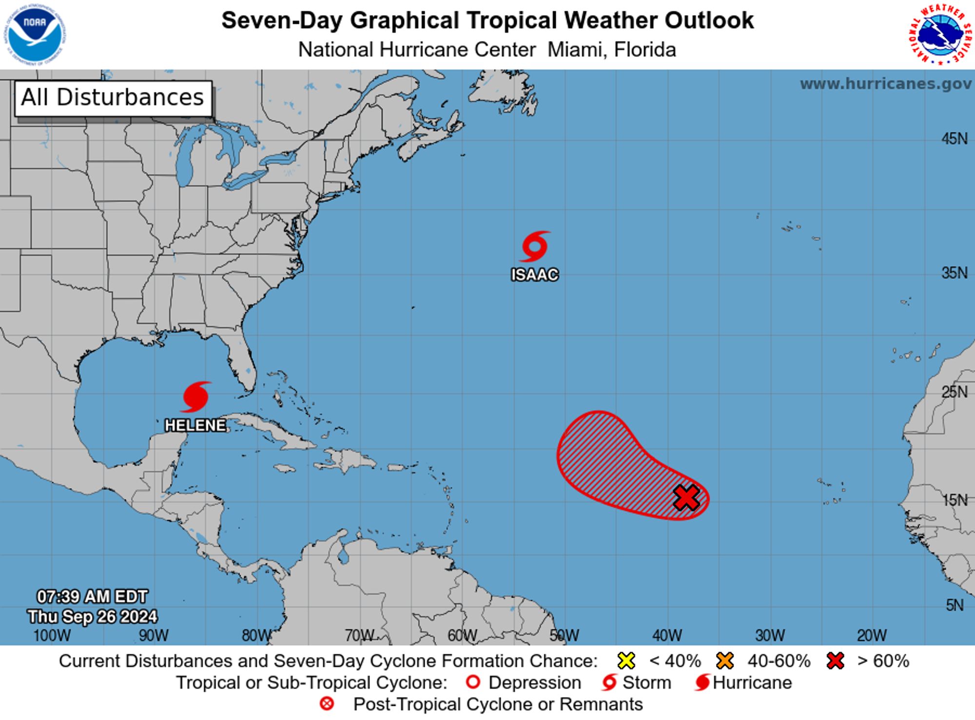 tropical weather outlook over the next 7 days color illustrated image of Atlantic Ocean for
NWS National Hurricane Center Miami FL
800 AM EDT Thu Sep 26 2024

For the North Atlantic...Caribbean Sea and the Gulf of Mexico:

Active Systems:
The National Hurricane Center is issuing advisories on Hurricane 
Helene, located over the southeastern Gulf of Mexico and on Tropical 
Storm Isaac, located over the central Subtropical Atlantic Ocean. 

1. Eastern and Central Tropical Atlantic (AL98):
Shower and thunderstorm activity associated with an area of low 
pressure located several hundred miles west of the Cabo Verde 
Islands has become more organized during the past several hours. 
Environmental conditions appear conducive for continued development 
of this system, and a tropical depression could form as soon as 
later today while it moves generally westward to west-northwestward 
near 15 mph today and tomorrow.  The system is then forecast to 
slow down and turn northward late Friday and Saturday.
* Formation chance through 48 hours...high...80 percent. 
* Formation chance through 7 days...high...90 percent.


Public Advisories on Tropical Storm Isaac are issued under WMO 
header WTNT35 KNHC and under AWIPS header MIATCPAT5. 
Forecast/Advisories on Tropical Storm Isaac are issued under WMO 
header WTNT25 KNHC and under AWIPS header MIATCMAT5.

Forecaster D. Zelinsky
