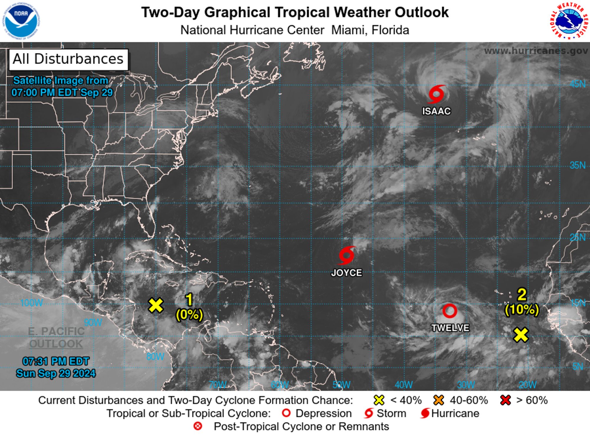 tropical weather outlook over the next 2 days greyscale satellite image of Atlantic Ocean for
NWS National Hurricane Center Miami FL
800 PM EDT Sun Sep 29 2024

For the North Atlantic...Caribbean Sea and the Gulf of Mexico:

Active Systems:
The National Hurricane Center is issuing advisories on Tropical 
Storm Isaac, located several hundred miles northwest of the Azores, 
on Tropical Storm Joyce, located over the central Atlantic Ocean, 
and on newly formed Tropical Depression Twelve, located over the 
eastern Atlantic Ocean.

1. Western Caribbean Sea and Gulf of Mexico:
A broad area of low pressure located over the western Caribbean Sea 
is producing disorganized showers and thunderstorms. Environmental 
conditions appear to be conducive for gradual development, and a 
tropical depression could form around the middle part of this week 
while the disturbance moves slowly west-northwestward. This system 
is then expected to move northwestward into the Gulf of Mexico 
during the latter portion of this week. Interests in the 
northwestern Caribbean Sea and along the U.S. Gulf Coast should 
monitor the progress of this system.
* Formation chance through 48 hours...low...near 0 percent. 
* Formation chance through 7 days...medium...50 percent.

2. Eastern Tropical Atlantic:
A low-latitude tropical wave located a few hundred miles off the 
west coast of Africa is producing limited shower and thunderstorm 
activity. Upper-level winds are forecast to become more conducive 
for gradual development of this system during the next few days, and 
a tropical depression could form during the middle or latter part of 
this week while moving slowly westward or west-northwestward over 
the eastern tropical Atlantic.
* Formation chance through 48 hours...low...10 percent. 
* Formation chance through 7 days...medium...50 percent.


Public Advisories on Tropical Depression Twelve are issued under 
WMO header WTNT32 KNHC and under AWIPS header MIATCPAT2.
Forecast/Advisories on Tropical Depression Twelve are issued under 
WMO header WTNT22 KNHC and under AWIPS header MIATCMAT2.

Forecaster Reinhart
