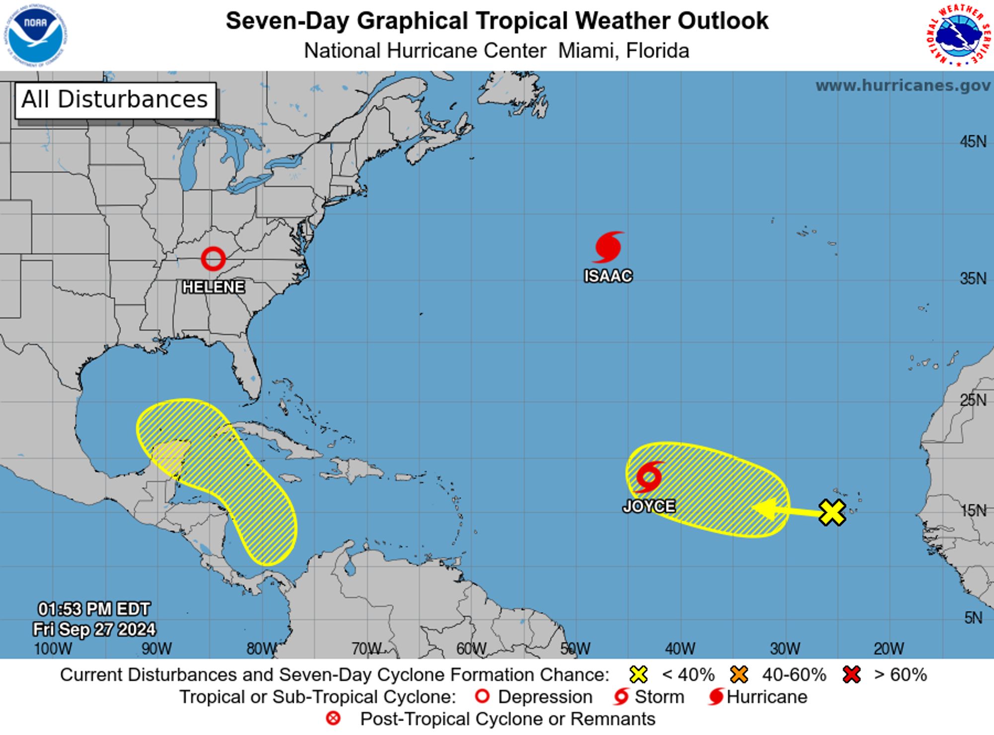 tropical weather outlook over the next 7 days color illustrated image of Atlantic Ocean for
NWS National Hurricane Center Miami FL
200 PM EDT Fri Sep 27 2024

For the North Atlantic...Caribbean Sea and the Gulf of Mexico:

Active Systems:
The National Hurricane Center is issuing advisories on Tropical 
Depression Helene, located inland over the southern Appalachians, 
on Hurricane Isaac, located over the central Subtropical Atlantic 
Ocean, and on recently-formed Tropical Storm Joyce, located over 
the central Tropical Atlantic Ocean.

1. Western Caribbean:
An area of low pressure could form over the western Caribbean Sea by 
the middle of next week. Environmental conditions are expected to be 
conducive for slow development thereafter while the system moves 
generally northwestward, potentially entering the Gulf of Mexico by 
the end of next week. 
* Formation chance through 48 hours...low...near 0 percent. 
* Formation chance through 7 days...low...30 percent.

2. Eastern Tropical Atlantic:
An area of low pressure could form over the eastern tropical 
Atlantic by the early to middle part of next week. Environmental 
conditions are expected to be conducive for slow development 
thereafter while the system moves generally northwestward at 10 to 
15 mph. 
* Formation chance through 48 hours...low...near 0 percent. 
* Formation chance through 7 days...low...30 percent.


Public Advisories on Tropical Storm Joyce are issued under WMO 
header WTNT31 KNHC and under AWIPS header MIATCPAT1.
Forecast/Advisories on Tropical Storm Joyce are issued under WMO 
header WTNT21 KNHC and under AWIPS header MIATCMAT1.

Forecaster Bucci/Rosado
