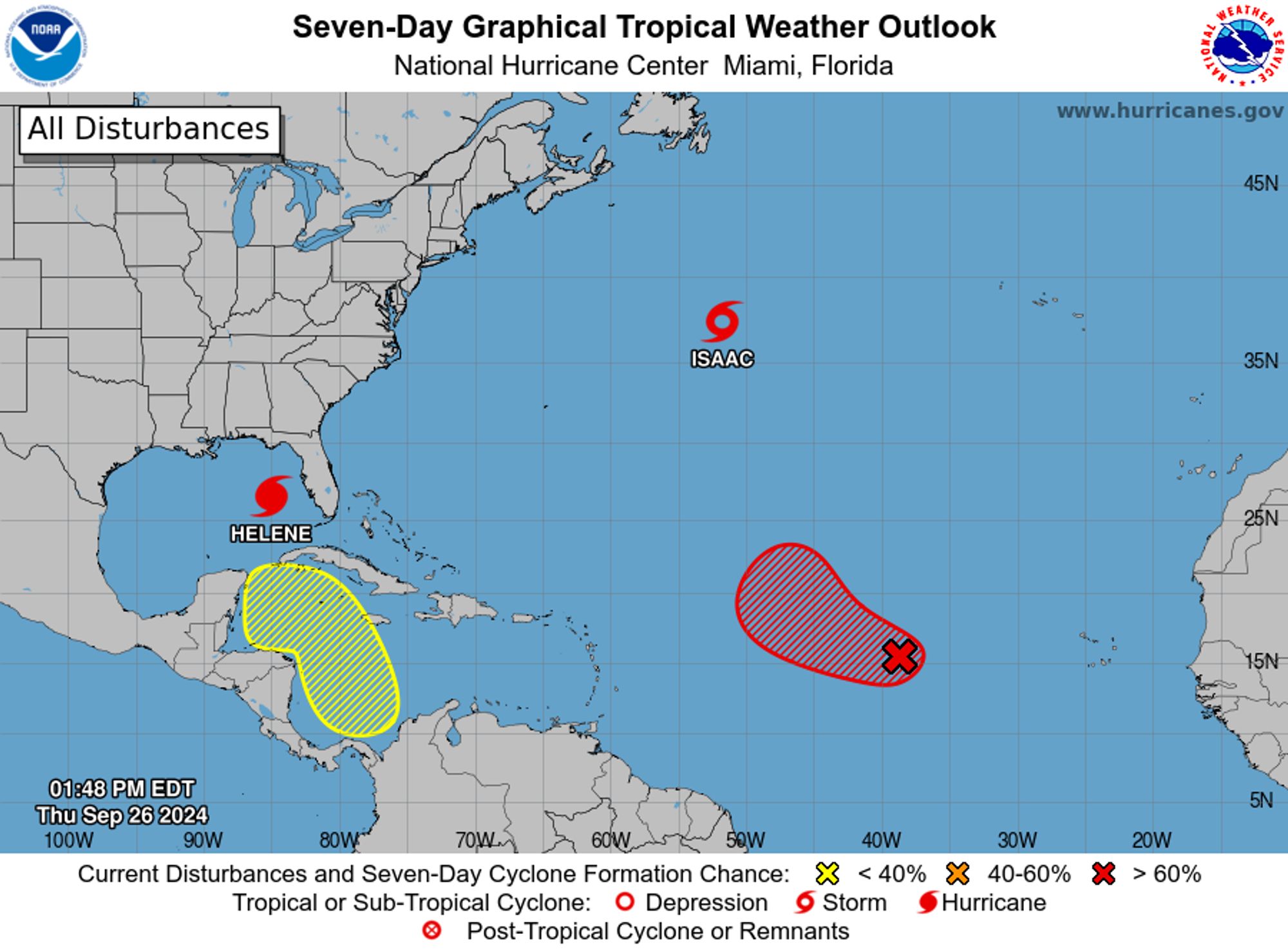 tropical weather outlook over the next 7 days color illustrated image of Atlantic Ocean for
NWS National Hurricane Center Miami FL
200 PM EDT Thu Sep 26 2024

For the North Atlantic...Caribbean Sea and the Gulf of Mexico:

Active Systems:
The National Hurricane Center is issuing advisories on Hurricane 
Helene, located over the eastern Gulf of Mexico and on Tropical 
Storm Isaac, located over the central Subtropical Atlantic Ocean. 

1. Eastern and Central Tropical Atlantic (AL98):
Showers and thunderstorms associated with an area of low pressure 
located several hundred miles west of the Cabo Verde Islands 
continue to show signs of organization. Recent satellite imagery 
suggests the system does not yet have a well-defined surface 
circulation. However, environmental conditions are expected to be 
conducive for further development. A tropical depression is 
expected to form later today or tomorrow while the disturbance 
moves generally westward to west-northwestward at 10 to 15 mph. The 
system is then forecast to slow down and turn northward late Friday 
and Saturday.
* Formation chance through 48 hours...high...90 percent. 
* Formation chance through 7 days...high...90 percent.

2. Western Caribbean:
An area of low pressure could form over the western Caribbean by the 
middle of next week. Environmental conditions are expected to be 
conducive for slow development thereafter, while the system moves 
generally northwestward.
* Formation chance through 48 hours...low...near 0 percent. 
* Formation chance through 7 days...low...20 percent.


Public Advisories on Tropical Storm Isaac are issued under WMO 
header WTNT35 KNHC and under AWIPS header MIATCPAT5. 
Forecast/Advisories on Tropical Storm Isaac are issued under WMO 
header WTNT25 KNHC and under AWIPS header MIATCMAT5.

Forecaster D. Zelinsky/Bookbinder
