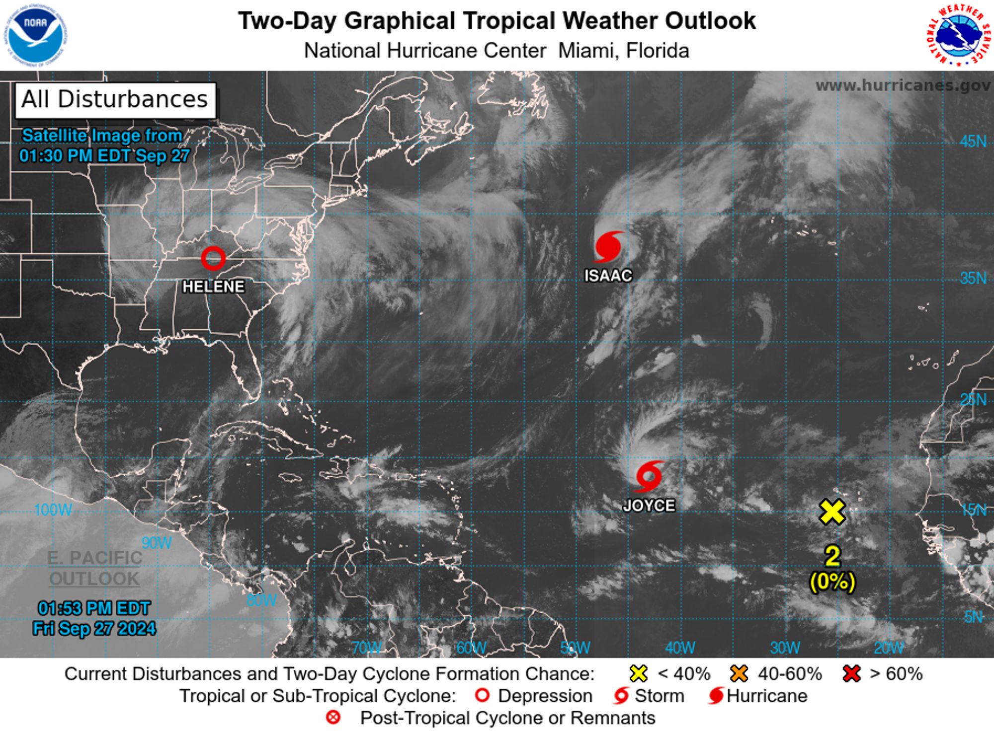 tropical weather outlook over the next 2 days greyscale satellite image of Atlantic Ocean for
NWS National Hurricane Center Miami FL
200 PM EDT Fri Sep 27 2024

For the North Atlantic...Caribbean Sea and the Gulf of Mexico:

Active Systems:
The National Hurricane Center is issuing advisories on Tropical 
Depression Helene, located inland over the southern Appalachians, 
on Hurricane Isaac, located over the central Subtropical Atlantic 
Ocean, and on recently-formed Tropical Storm Joyce, located over 
the central Tropical Atlantic Ocean.

1. Western Caribbean:
An area of low pressure could form over the western Caribbean Sea by 
the middle of next week. Environmental conditions are expected to be 
conducive for slow development thereafter while the system moves 
generally northwestward, potentially entering the Gulf of Mexico by 
the end of next week. 
* Formation chance through 48 hours...low...near 0 percent. 
* Formation chance through 7 days...low...30 percent.

2. Eastern Tropical Atlantic:
An area of low pressure could form over the eastern tropical 
Atlantic by the early to middle part of next week. Environmental 
conditions are expected to be conducive for slow development 
thereafter while the system moves generally northwestward at 10 to 
15 mph. 
* Formation chance through 48 hours...low...near 0 percent. 
* Formation chance through 7 days...low...30 percent.


Public Advisories on Tropical Storm Joyce are issued under WMO 
header WTNT31 KNHC and under AWIPS header MIATCPAT1.
Forecast/Advisories on Tropical Storm Joyce are issued under WMO 
header WTNT21 KNHC and under AWIPS header MIATCMAT1.

Forecaster Bucci/Rosado
