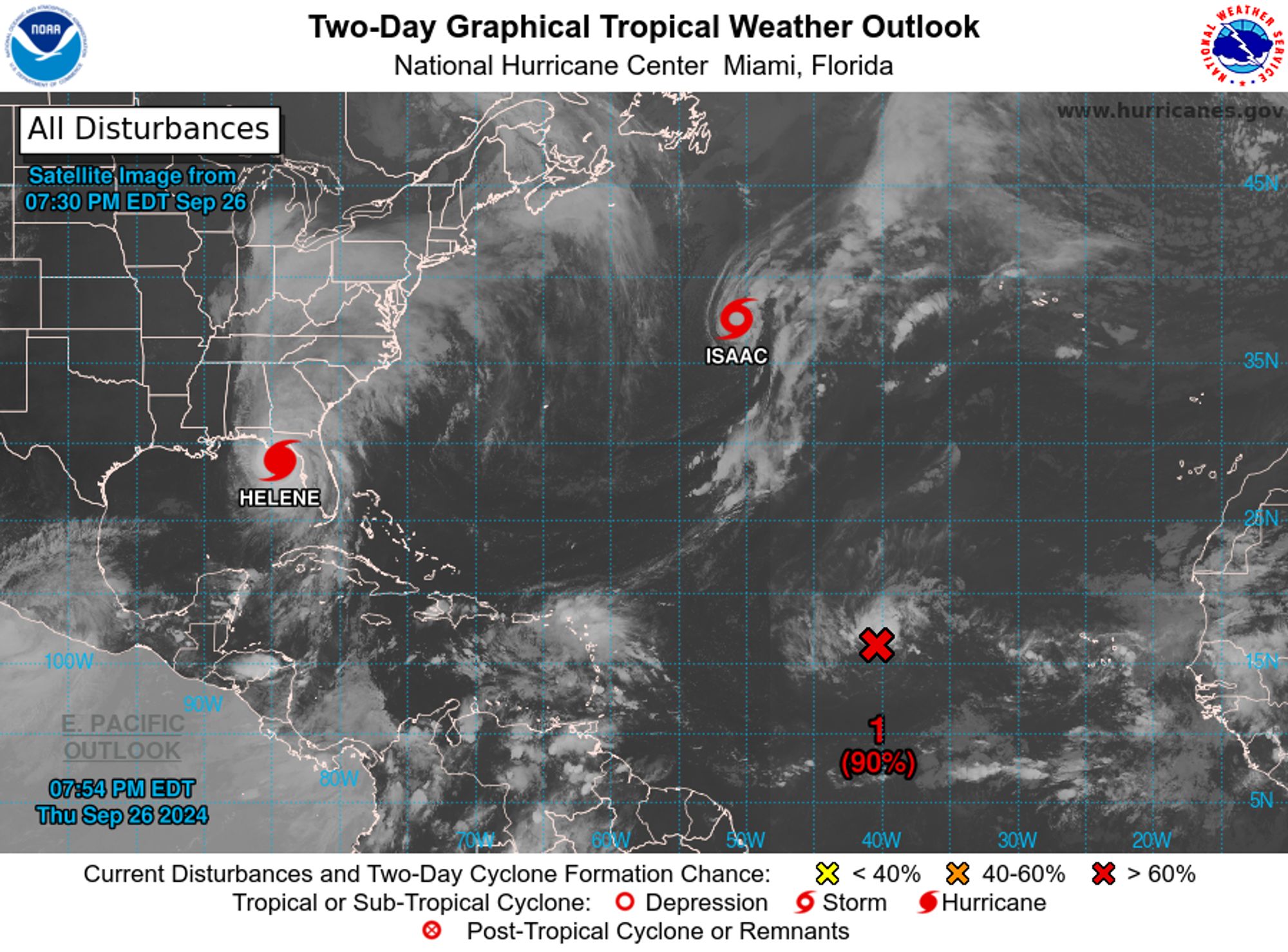 tropical weather outlook over the next 2 days greyscale satellite image of Atlantic Ocean for
NWS National Hurricane Center Miami FL
800 PM EDT Thu Sep 26 2024

For the North Atlantic...Caribbean Sea and the Gulf of Mexico:

Active Systems:
The National Hurricane Center is issuing advisories on Hurricane 
Helene, located over the northeastern Gulf of Mexico and on 
Tropical Storm Isaac, located over the central Subtropical Atlantic 
Ocean.

1. Eastern and Central Tropical Atlantic (AL98):
Showers and thunderstorms associated with an area of low pressure 
located about one thousand miles west of the Cabo Verde Islands 
continue to show signs of organization. Recent satellite imagery 
suggests the system does not yet have a well-defined surface 
circulation. However, environmental conditions are expected to be 
conducive for further development. A tropical depression is 
expected to form tonight or on Friday while the disturbance moves 
generally westward to west-northwestward at 10 to 15 mph. The 
system is then forecast to slow down and turn north-northwestward 
late Friday and Saturday.
* Formation chance through 48 hours...high...90 percent. 
* Formation chance through 7 days...high...90 percent.

2. Western Caribbean:
An area of low pressure could form over the western Caribbean Sea 
by the middle of next week. Environmental conditions are expected to 
be conducive for slow development thereafter, while the system 
moves generally northwestward.
* Formation chance through 48 hours...low...near 0 percent. 
* Formation chance through 7 days...low...20 percent.


Public Advisories on Tropical Storm Isaac are issued under WMO 
header WTNT35 KNHC and under AWIPS header MIATCPAT5. 
Forecast/Advisories on Tropical Storm Isaac are issued under WMO 
header WTNT25 KNHC and under AWIPS header MIATCMAT5.

Forecaster Hagen
