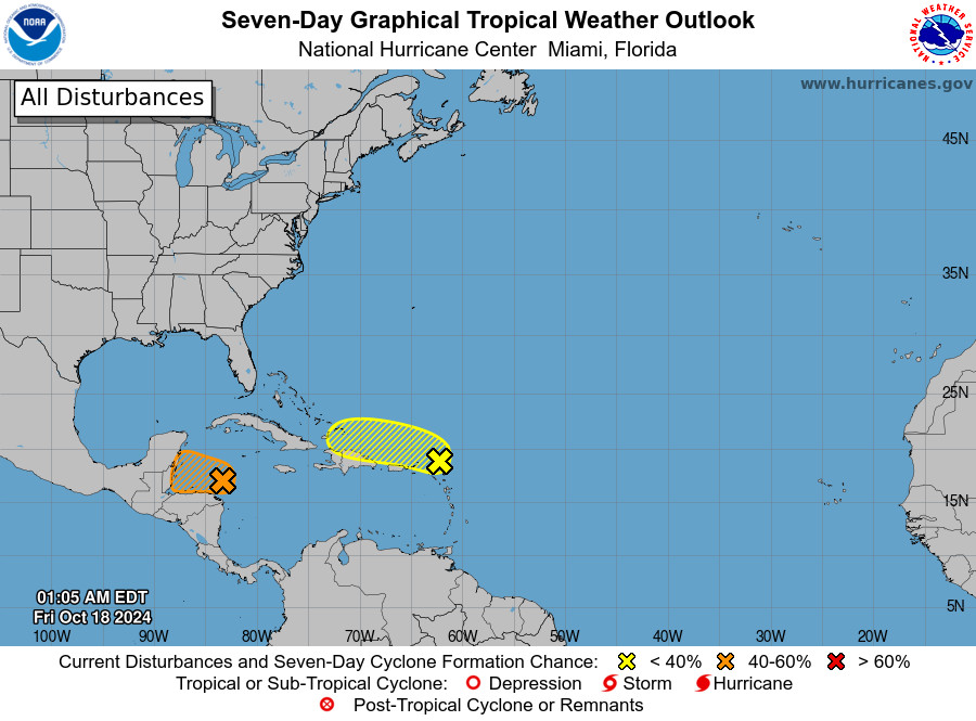 tropical weather outlook over the next 7 days color illustrated image of Atlantic Ocean for
NWS National Hurricane Center Miami FL
200 AM EDT Fri Oct 18 2024

For the North Atlantic...Caribbean Sea and the Gulf of Mexico:

1. Near the Leeward Islands (AL94):
A poorly-defined trough of low pressure is producing disorganized 
showers and thunderstorms extending from the northern Leeward 
Islands northward for a couple hundred miles over the adjacent 
Atlantic waters. Development, if any, of this disturbance should be 
slow to occur while it moves quickly westward to west-northwestward 
at around 20 mph, passing near or just north of the Virgin Islands 
and Puerto Rico today, then near Hispaniola and the southeastern 
Bahamas on Saturday. By late this weekend, further development is 
not expected due to strong upper-level winds.
* Formation chance through 48 hours...low...10 percent.
* Formation chance through 7 days...low...10 percent.

2. Western Caribbean Sea (AL95):
Widespread showers and thunderstorms continue across the 
northwestern Caribbean Sea in association with a broad area of low 
pressure that is gradually becoming better defined to the north of 
eastern Honduras. Environmental conditions appear conducive for some 
additional development over the next day or two, and a short-lived 
tropical depression or storm could form before the system moves 
inland over Belize and the Yucatan Peninsula of Mexico on Saturday. 
Regardless of development, locally heavy rainfall is likely across 
portions of Central America and southern Mexico through the weekend.
* Formation chance through 48 hours...medium...50 percent.
* Formation chance through 7 days...medium...50 percent.


Forecaster Hagen
