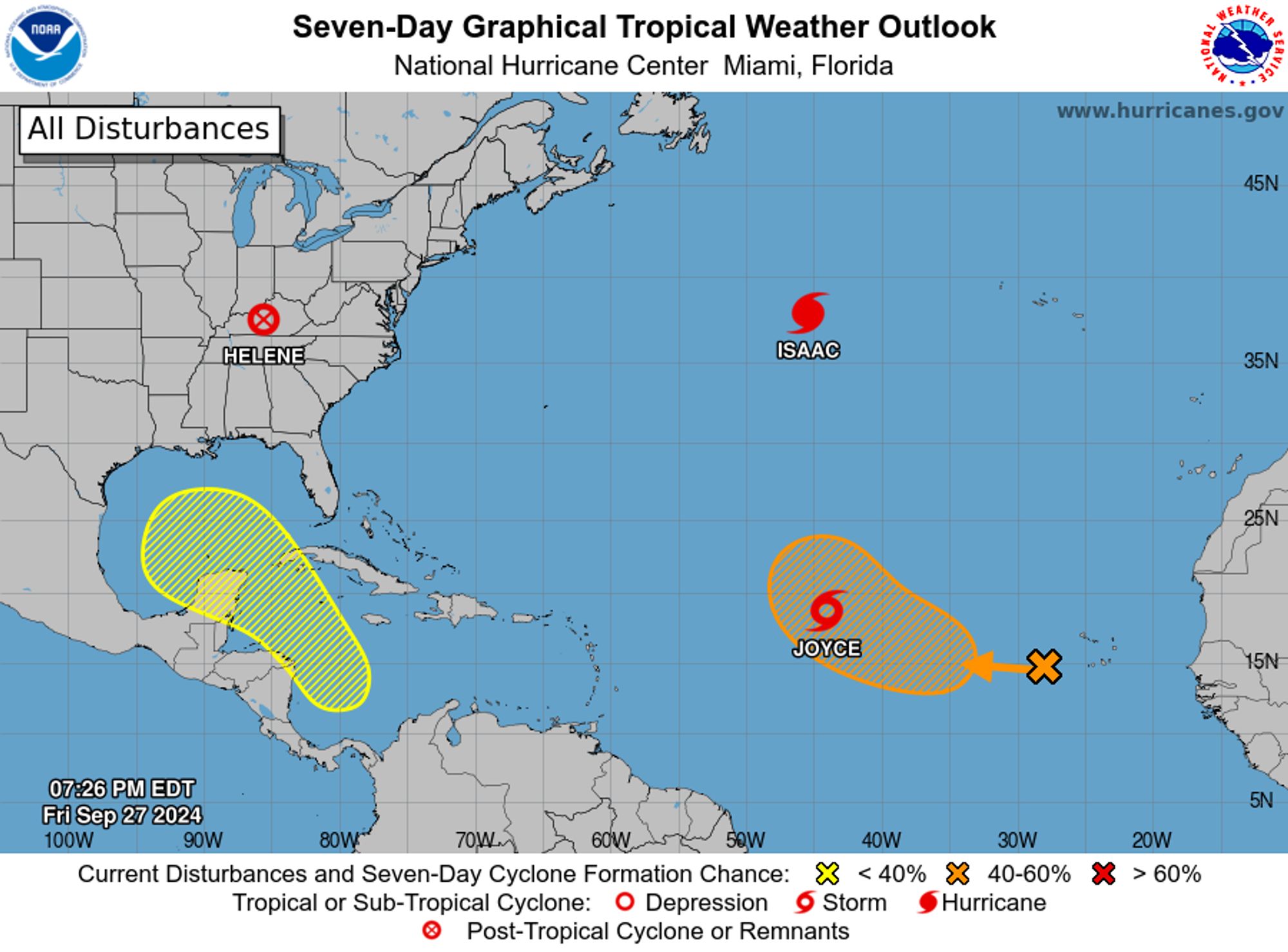 tropical weather outlook over the next 7 days color illustrated image of Atlantic Ocean for
NWS National Hurricane Center Miami FL
800 PM EDT Fri Sep 27 2024

For the North Atlantic...Caribbean Sea and the Gulf of Mexico:

Active Systems:
The National Hurricane Center is issuing advisories on Hurricane 
Isaac, located over the central Subtropical Atlantic Ocean, and on 
Tropical Storm Joyce, located over the central Tropical Atlantic 
Ocean.  The Weather Prediction Center is issuing advisories on 
Post-Tropical Cyclone Helene, located inland over the Ohio River 
Valley.

1. Eastern and Central Tropical Atlantic:
A broad and elongated area of low pressure, associated with a 
tropical wave, is producing limited shower activity near and to the 
west of the Cabo Verde Islands.  Environmental conditions appear 
conducive for gradual development of this system, and a tropical 
depression could form next week while moving toward the west and 
then northwest at about 10 mph across the eastern and central 
tropical Atlantic.
* Formation chance through 48 hours...low...10 percent. 
* Formation chance through 7 days...medium...40 percent.

2. Western Caribbean Sea and Gulf of Mexico:
An area of low pressure could form over the western Caribbean Sea by 
the middle of next week.  Environmental conditions are expected to 
be conducive for slow development thereafter while the system moves 
generally northwestward, likely entering the Gulf of Mexico by the 
end of next week. 
* Formation chance through 48 hours...low...near 0 percent. 
* Formation chance through 7 days...low...30 percent.


Public Advisories on Tropical Storm Joyce are issued under WMO 
header WTNT31 KNHC and under AWIPS header MIATCPAT1.
Forecast/Advisories on Tropical Storm Joyce are issued under WMO 
header WTNT21 KNHC and under AWIPS header MIATCMAT1.

Forecaster Berg
