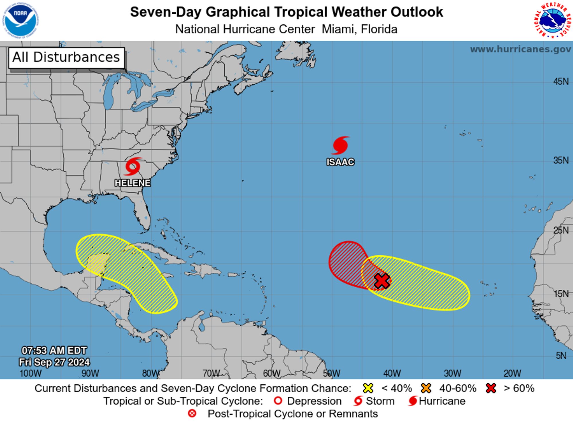 tropical weather outlook over the next 7 days color illustrated image of Atlantic Ocean for
NWS National Hurricane Center Miami FL
800 AM EDT Fri Sep 27 2024

For the North Atlantic...Caribbean Sea and the Gulf of Mexico:

Active Systems:
The National Hurricane Center is issuing advisories on Tropical 
Storm Helene, located inland over northeast Georgia and on recently 
upgraded Hurricane Isaac, located over the central Subtropical 
Atlantic Ocean.

1. Central Tropical Atlantic (AL98):
Showers and thunderstorms associated with an area of low pressure 
located midway in between the Cabo Verde Islands and the Lesser 
Antilles continues to become better organized. This disturbance is 
already producing gale-force winds. Environmental conditions are 
conducive for further development and a tropical depression or storm 
could form today while the system moves generally westward to 
west-northwestward at 10 to 15 mph. The system is then forecast to 
slow down and turn north-northwestward by this weekend. Additional 
information on this system, including gale warnings, can be found in 
High Seas Forecasts issued by the National Weather Service.
* Formation chance through 48 hours...high...90 percent. 
* Formation chance through 7 days...high...90 percent.

2. Western Caribbean:
An area of low pressure could form over the western Caribbean Sea by 
the middle of next week. Environmental conditions are expected to be 
conducive for slow development thereafter while the system moves 
generally northwestward, potentially entering the Gulf of Mexico by 
the end of next week. 
* Formation chance through 48 hours...low...near 0 percent. 
* Formation chance through 7 days...low...30 percent.

3. Eastern Tropical Atlantic:
An area of low pressure could form over the eastern tropical 
Atlantic by the early to middle part of next week. Environmental 
conditions are expected to be conducive for slow development 
thereafter while the system moves generally northwestward at 10 to 
15 mph. 
* Formation chance through 48 hours...low...near 0 percent. 
* Formation chance through 7 days...low...20 percent.


High Seas Forecasts issued by the National Weather Service
can be found under AWIPS header NFDHSFAT1, WMO header FZNT01 
KWBC, and online at ocean.weather.gov/shtml/NFDHSFAT1.php

Forecaster Kelly/Rosado
