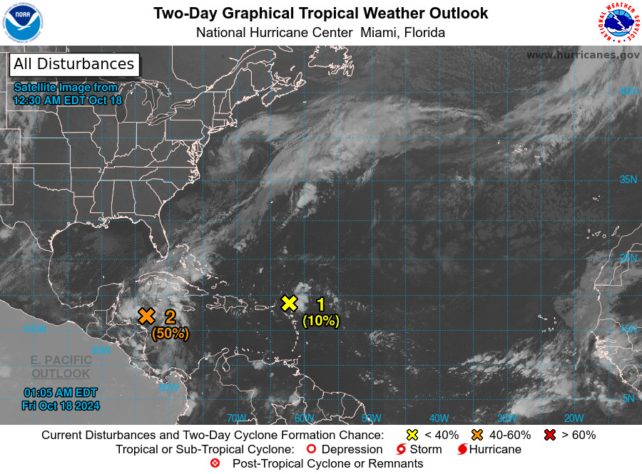 tropical weather outlook over the next 2 days greyscale satellite image of Atlantic Ocean for
NWS National Hurricane Center Miami FL
200 AM EDT Fri Oct 18 2024

For the North Atlantic...Caribbean Sea and the Gulf of Mexico:

1. Near the Leeward Islands (AL94):
A poorly-defined trough of low pressure is producing disorganized 
showers and thunderstorms extending from the northern Leeward 
Islands northward for a couple hundred miles over the adjacent 
Atlantic waters. Development, if any, of this disturbance should be 
slow to occur while it moves quickly westward to west-northwestward 
at around 20 mph, passing near or just north of the Virgin Islands 
and Puerto Rico today, then near Hispaniola and the southeastern 
Bahamas on Saturday. By late this weekend, further development is 
not expected due to strong upper-level winds.
* Formation chance through 48 hours...low...10 percent.
* Formation chance through 7 days...low...10 percent.

2. Western Caribbean Sea (AL95):
Widespread showers and thunderstorms continue across the 
northwestern Caribbean Sea in association with a broad area of low 
pressure that is gradually becoming better defined to the north of 
eastern Honduras. Environmental conditions appear conducive for some 
additional development over the next day or two, and a short-lived 
tropical depression or storm could form before the system moves 
inland over Belize and the Yucatan Peninsula of Mexico on Saturday. 
Regardless of development, locally heavy rainfall is likely across 
portions of Central America and southern Mexico through the weekend.
* Formation chance through 48 hours...medium...50 percent.
* Formation chance through 7 days...medium...50 percent.


Forecaster Hagen
