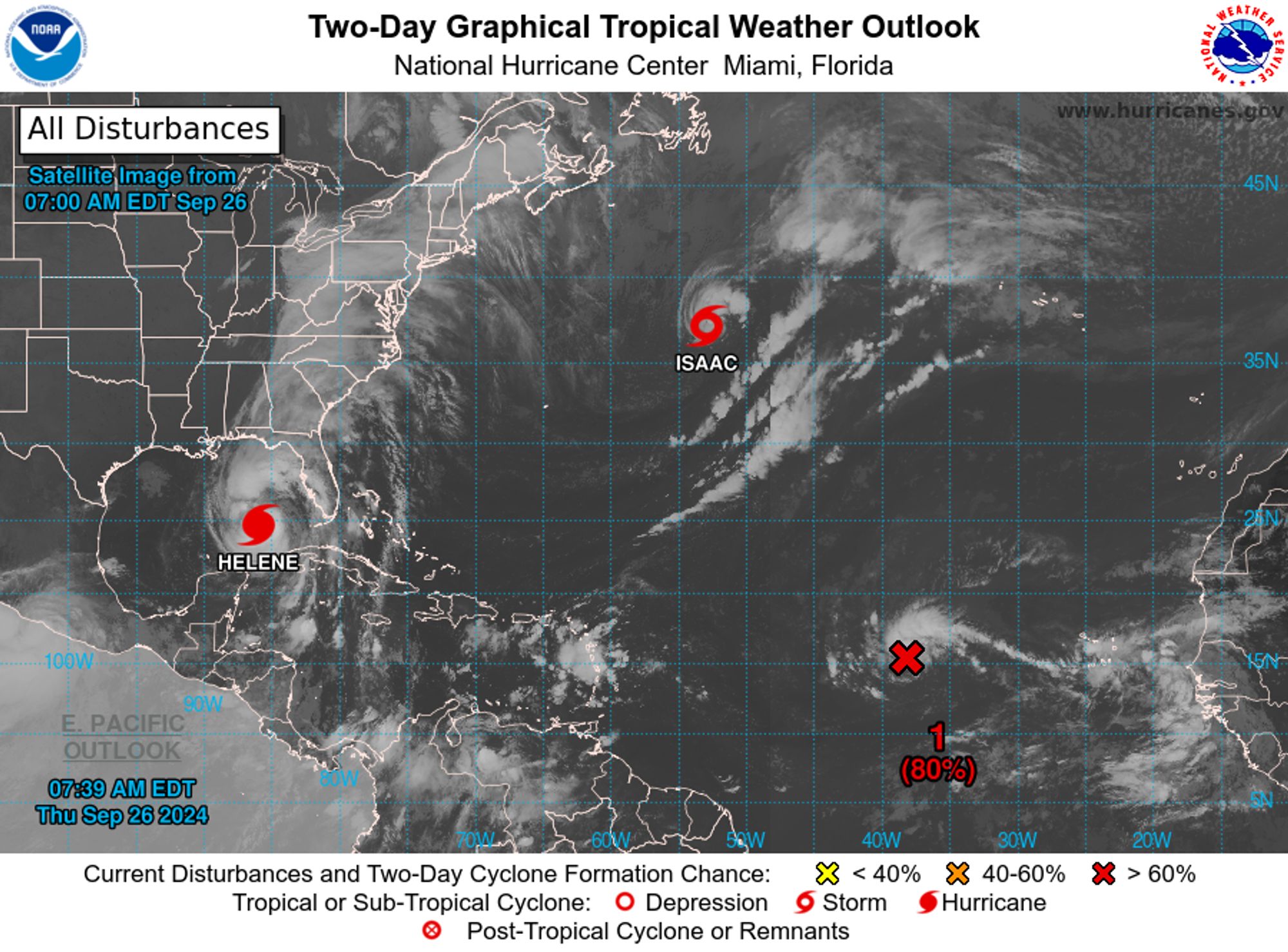 tropical weather outlook over the next 2 days greyscale satellite image of Atlantic Ocean for
NWS National Hurricane Center Miami FL
800 AM EDT Thu Sep 26 2024

For the North Atlantic...Caribbean Sea and the Gulf of Mexico:

Active Systems:
The National Hurricane Center is issuing advisories on Hurricane 
Helene, located over the southeastern Gulf of Mexico and on Tropical 
Storm Isaac, located over the central Subtropical Atlantic Ocean. 

1. Eastern and Central Tropical Atlantic (AL98):
Shower and thunderstorm activity associated with an area of low 
pressure located several hundred miles west of the Cabo Verde 
Islands has become more organized during the past several hours. 
Environmental conditions appear conducive for continued development 
of this system, and a tropical depression could form as soon as 
later today while it moves generally westward to west-northwestward 
near 15 mph today and tomorrow.  The system is then forecast to 
slow down and turn northward late Friday and Saturday.
* Formation chance through 48 hours...high...80 percent. 
* Formation chance through 7 days...high...90 percent.


Public Advisories on Tropical Storm Isaac are issued under WMO 
header WTNT35 KNHC and under AWIPS header MIATCPAT5. 
Forecast/Advisories on Tropical Storm Isaac are issued under WMO 
header WTNT25 KNHC and under AWIPS header MIATCMAT5.

Forecaster D. Zelinsky
