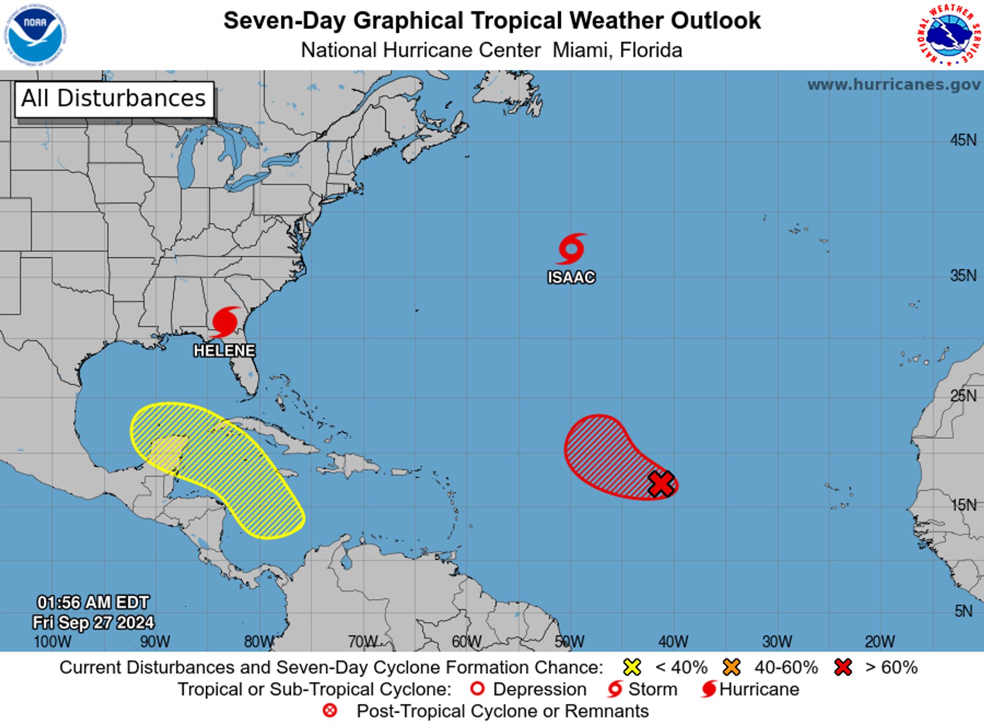 tropical weather outlook over the next 7 days color illustrated image of Atlantic Ocean for
NWS National Hurricane Center Miami FL
200 AM EDT Fri Sep 27 2024

For the North Atlantic...Caribbean Sea and the Gulf of Mexico:

Active Systems:
The National Hurricane Center is issuing advisories on Hurricane 
Helene, located inland over southern Georgia and on Tropical Storm 
Isaac, located over the central Subtropical Atlantic Ocean.

1. Eastern and Central Tropical Atlantic (AL98):
Showers and thunderstorms associated with an area of low pressure 
located midway in between the Cabo Verde Islands and the Lesser 
Antilles continues to remain well organized. Environmental 
conditions are currently conducive for further development and a 
tropical depression or storm could form at any time today while the 
system moves generally westward to west-northwestward at 10 to 15 
mph. The system is then forecast to slow down and turn 
north-northwestward by this weekend.
* Formation chance through 48 hours...high...90 percent. 
* Formation chance through 7 days...high...90 percent.

2. Western Caribbean:
An area of low pressure could form over the western Caribbean Sea by 
the middle of next week. Environmental conditions are expected to be 
conducive for slow development thereafter, while the system moves 
generally northwestward, potentially entering the Gulf of Mexico by 
the end of next week. 
* Formation chance through 48 hours...low...near 0 percent. 
* Formation chance through 7 days...low...30 percent.


Forecaster Papin
