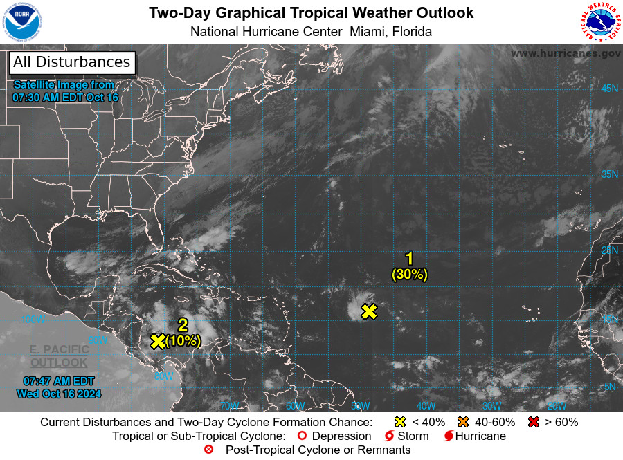 tropical weather outlook over the next 2 days greyscale satellite image of Atlantic Ocean for
NWS National Hurricane Center Miami FL
800 AM EDT Wed Oct 16 2024

For the North Atlantic...Caribbean Sea and the Gulf of Mexico:

1. Central Tropical Atlantic (AL94):
A broad area of low pressure located over the central tropical 
Atlantic is producing disorganized showers and thunderstorms. This 
system is forecast to move generally westward to west-northwestward, 
and environmental conditions appear marginally conducive for gradual 
development during the latter part of this week. A tropical 
depression could form as the system moves near the Leeward and 
Virgin Islands late this week.
* Formation chance through 48 hours...low...30 percent.
* Formation chance through 7 days...medium...40 percent.

2. Western Caribbean Sea:
Showers and thunderstorms over the southwestern Caribbean Sea are 
associated with a broad area of low pressure. Some gradual 
development is possible if the system stays over water while it 
moves slowly northwestward towards Central America. Regardless of 
development, locally heavy rainfall is possible across portions of 
Central America later this week.
* Formation chance through 48 hours...low...10 percent.
* Formation chance through 7 days...low...20 percent.


Forecaster Bucci/R. Zelinsky
