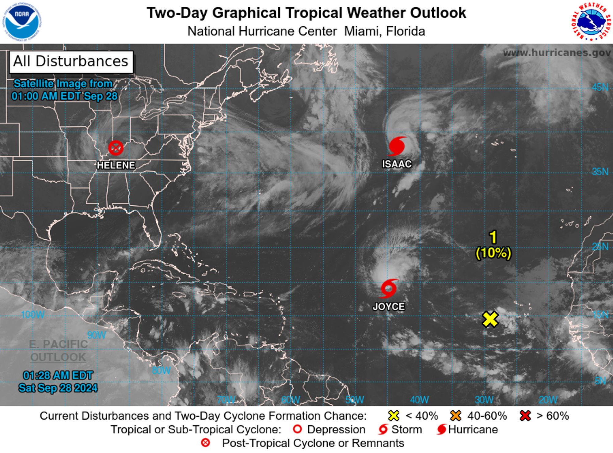 tropical weather outlook over the next 2 days greyscale satellite image of Atlantic Ocean for
NWS National Hurricane Center Miami FL
200 AM EDT Sat Sep 28 2024

For the North Atlantic...Caribbean Sea and the Gulf of Mexico:

Active Systems:
The National Hurricane Center is issuing advisories on Hurricane 
Isaac, located over the central Subtropical Atlantic Ocean, and on 
Tropical Storm Joyce, located over the central Tropical Atlantic 
Ocean.  The Weather Prediction Center is issuing advisories on 
Post-Tropical Cyclone Helene, located inland over the Ohio River 
Valley.

1. Eastern and Central Tropical Atlantic:
A broad and elongated area of low pressure, associated with a 
tropical wave, is producing limited shower activity near and to the 
west of the Cabo Verde Islands.  Environmental conditions appear 
conducive for gradual development of this system, and a tropical 
depression could form next week while moving toward the west and 
then northwest at about 10 mph across the eastern and central 
tropical Atlantic.
* Formation chance through 48 hours...low...10 percent. 
* Formation chance through 7 days...medium...50 percent.

2. Western Caribbean Sea and Gulf of Mexico:
An area of low pressure could form over the western Caribbean Sea by 
the early part of next week.  Environmental conditions are expected 
to be conducive for additional development thereafter while the 
system moves generally northwestward, and a tropical depression 
could form by the middle of next week as the system enters the Gulf 
of Mexico.
* Formation chance through 48 hours...low...near 0 percent. 
* Formation chance through 7 days...medium...40 percent.


Public Advisories on Tropical Storm Joyce are issued under WMO 
header WTNT31 KNHC and under AWIPS header MIATCPAT1.
Forecast/Advisories on Tropical Storm Joyce are issued under WMO 
header WTNT21 KNHC and under AWIPS header MIATCMAT1.

Forecaster Beven
