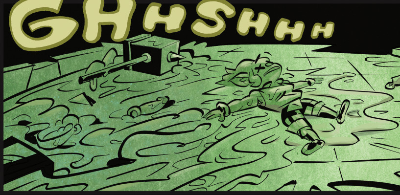 Balst the Gorblin is dying in a puddle of toxic sludge after having slain a cube boss