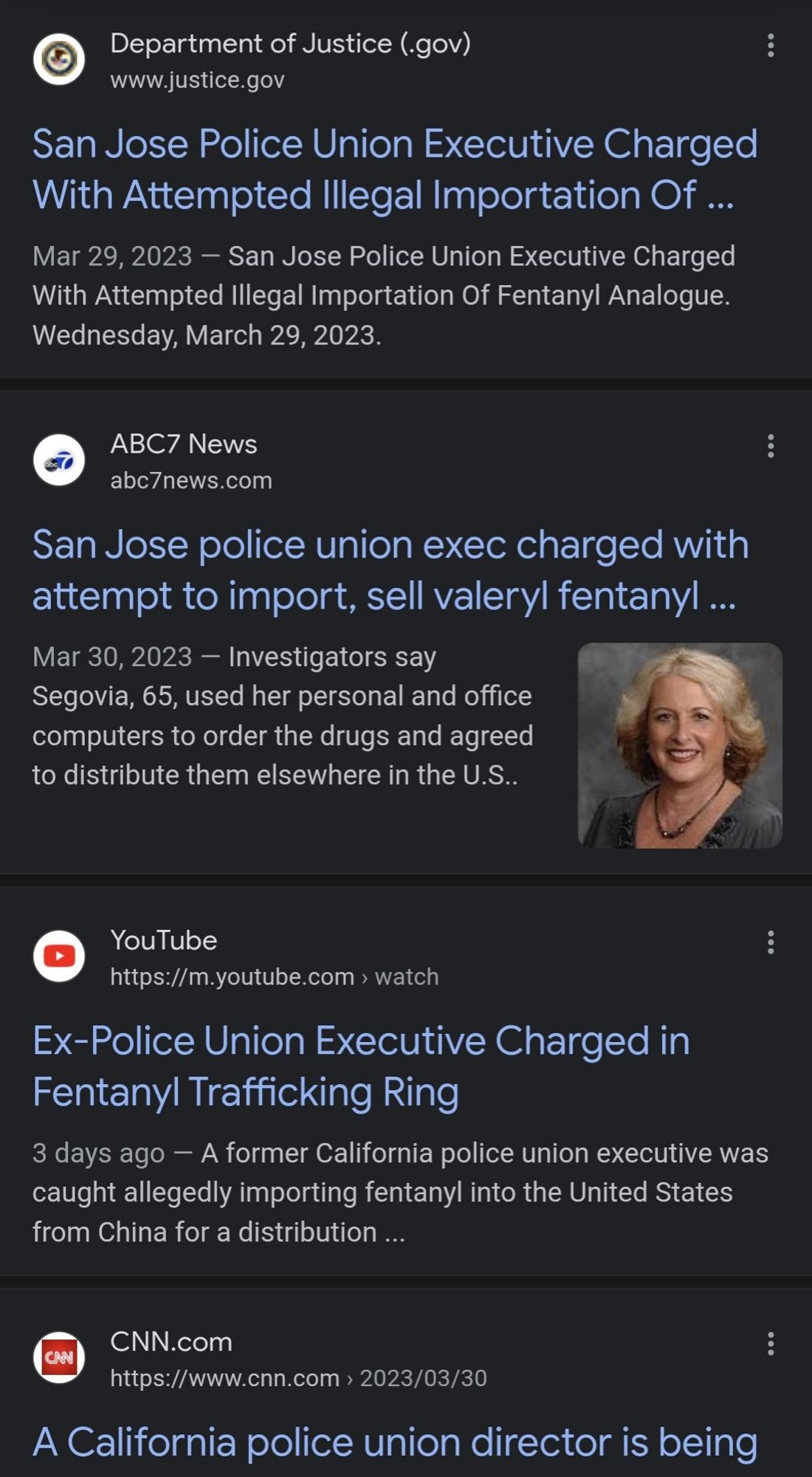 Screenshot of Google search results showing a bay area CA police union leader busted for importing fentanyl